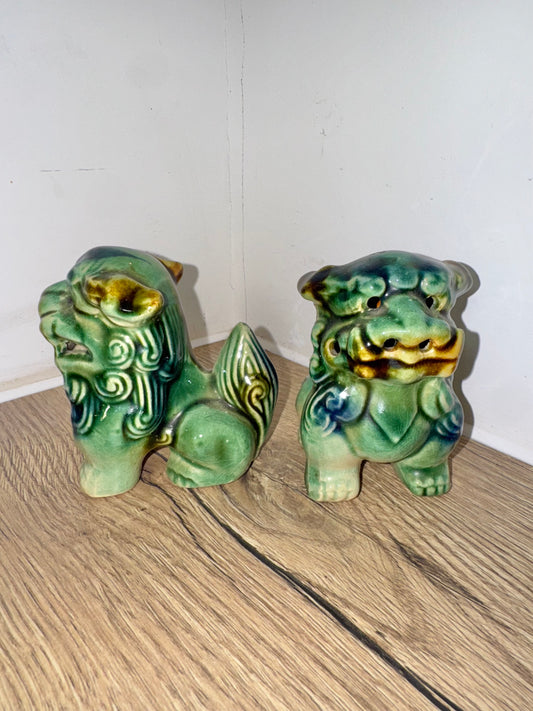Pair of Small Foo Dogs | Green/Blue | Chinese Guardian Lions | Chinese Asian Decor | Vintage Antique |