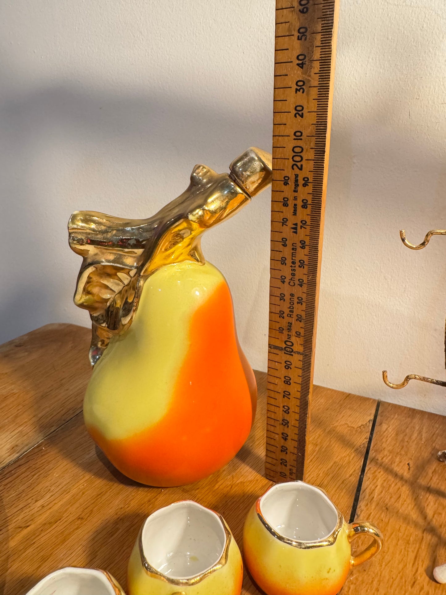 French Pear Liqueur Decanter Set with Stand & Cup Holder | Vintage Retro Quirky Barware |