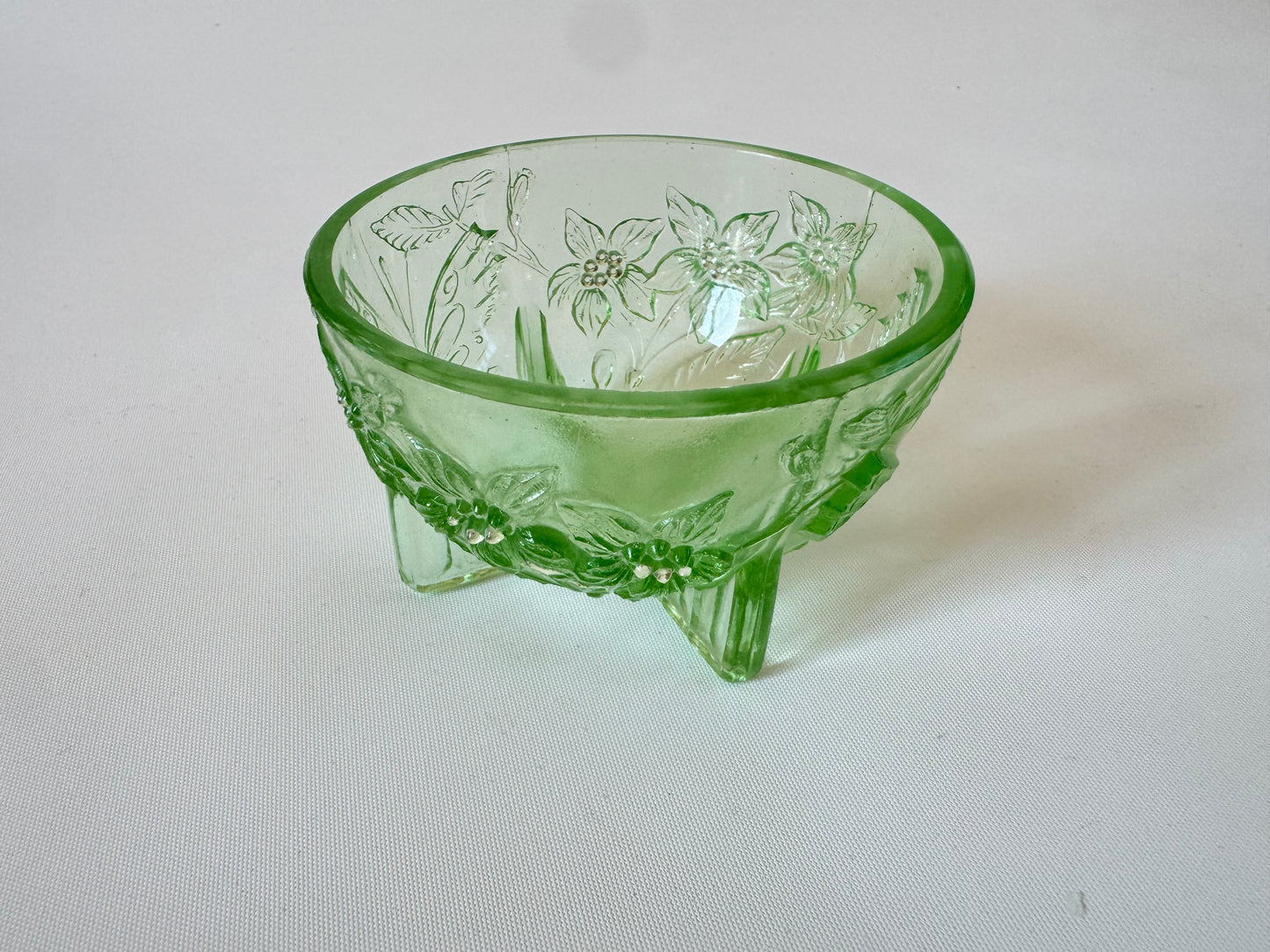 Sowerby 1930’s Green Pressed Glass Trinket Dish | Small Glass Bowl with Butterfly & Floral Design | Vintage Retro |