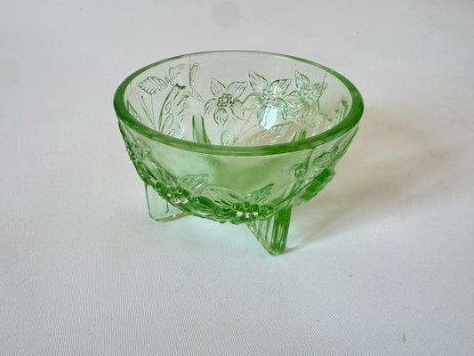 Sowerby 1930’s Green Pressed Glass Trinket Dish | Small Glass Bowl with Butterfly & Floral Design | Vintage Retro |