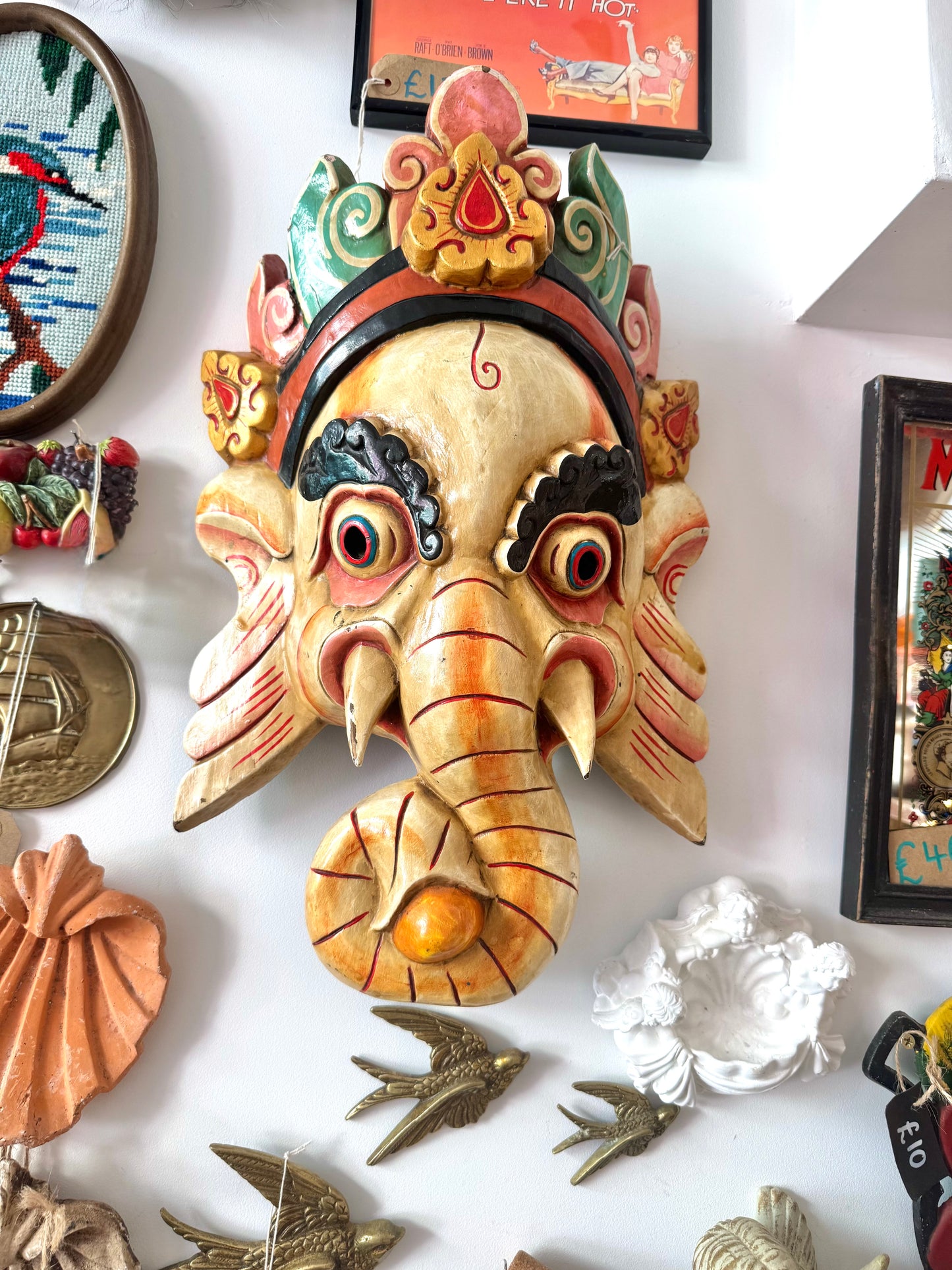 Ganesh Hand Carved Hand Painted Large Wood Wall Hanging | Vintage Quirky Unique | Spiritual Folk Art | Elephant