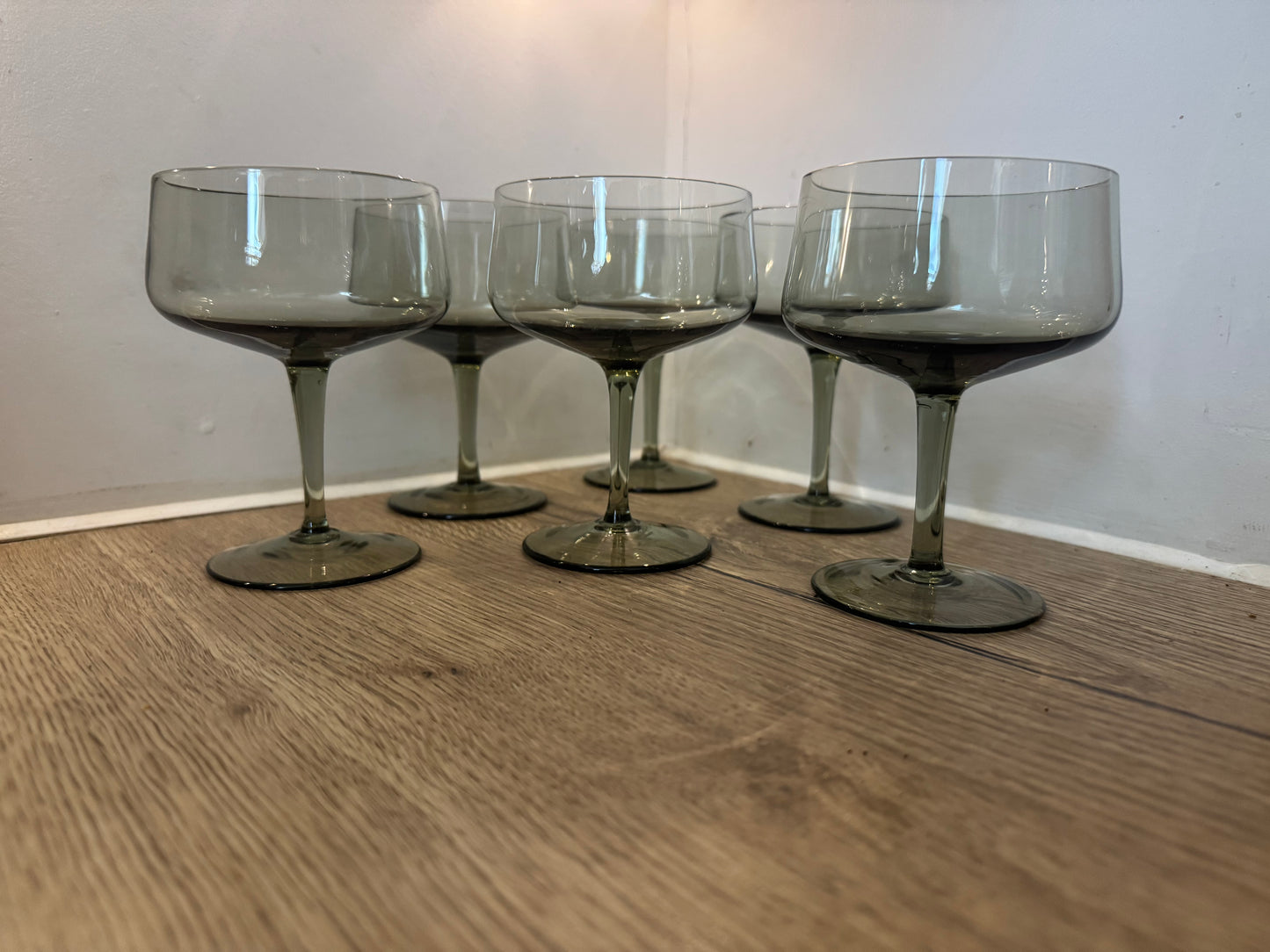 Set of 6 Smoked Cocktail Coupe Glasses | Vintage Retro Barware |