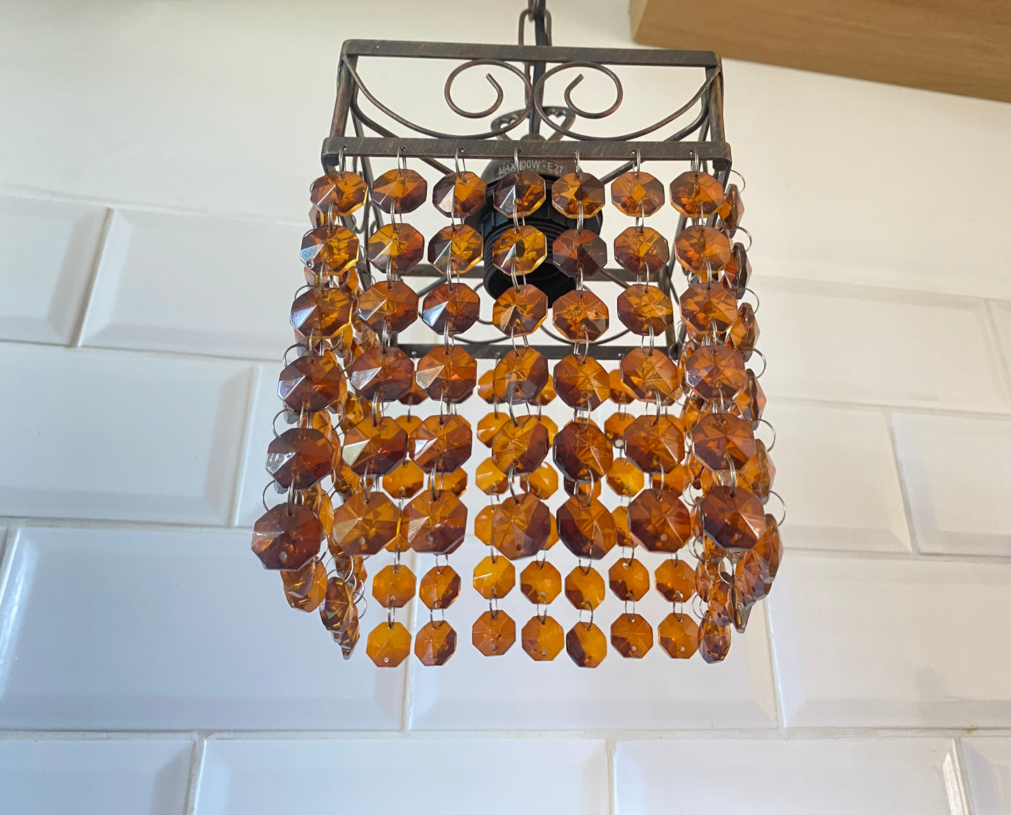Vintage French Beaded Ceiling Light Lampshade Amber/Brown Glass Bead