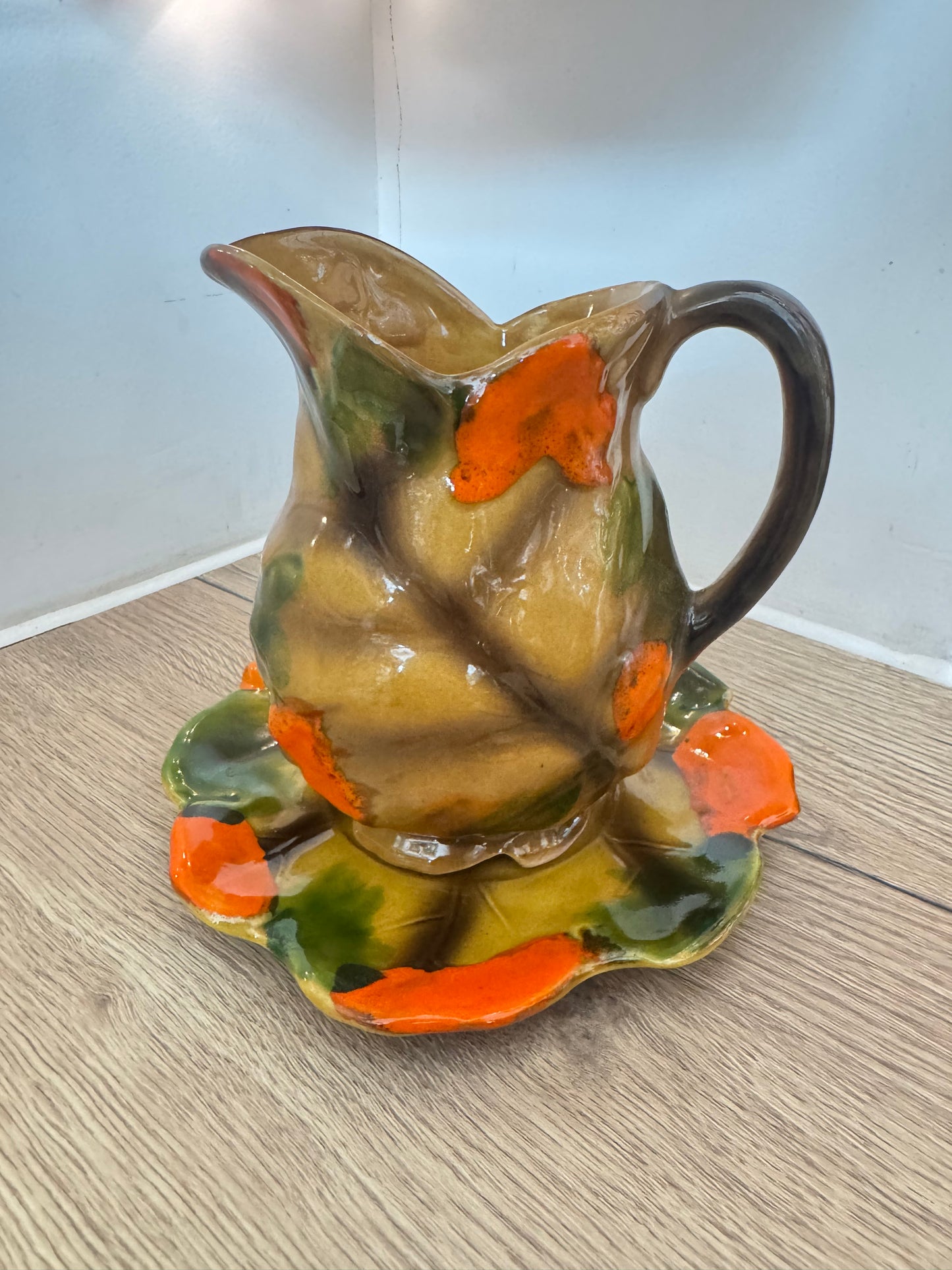 Autumn Leaves Ceramic Pitcher Jug with Saucer | Vintage Retro | Farmhouse Cottagecore |
