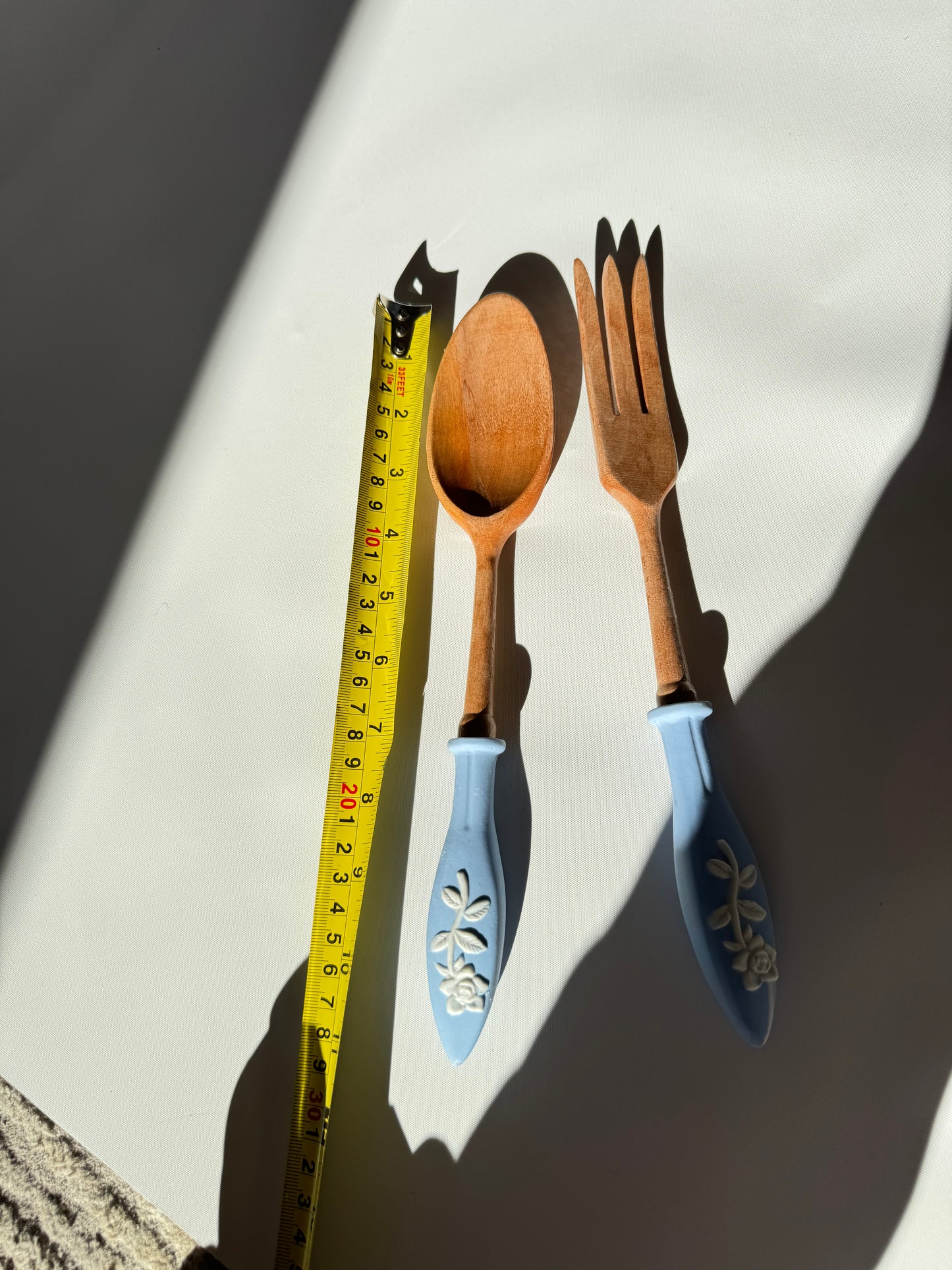Wooden Salad Spoon & Fork with Ceramic Handles | Vintage Retro Kitchenalia | Serveware |