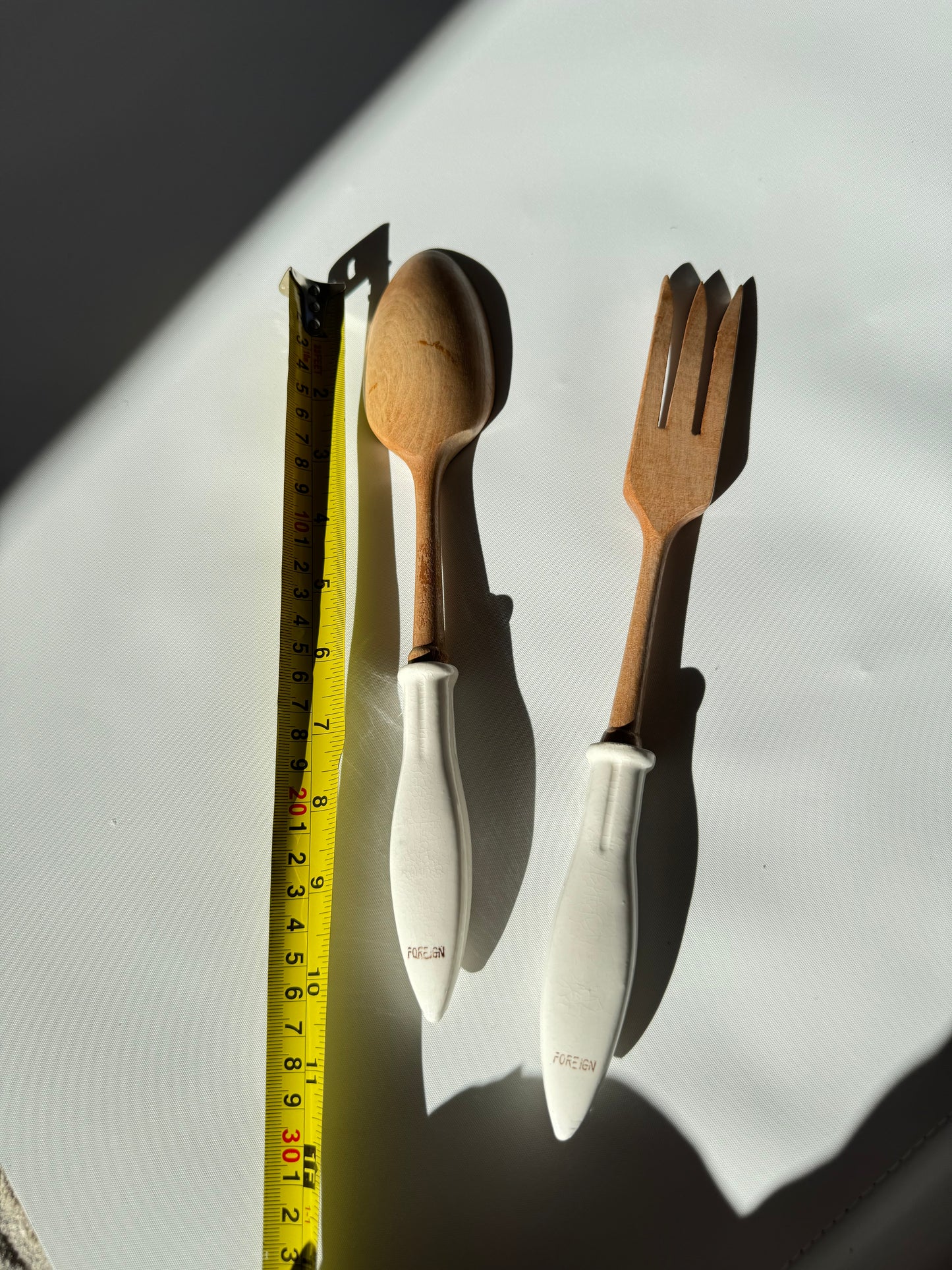 Wooden Salad Spoon & Fork with Ceramic Handles | Vintage Retro Kitchenalia | Serveware |