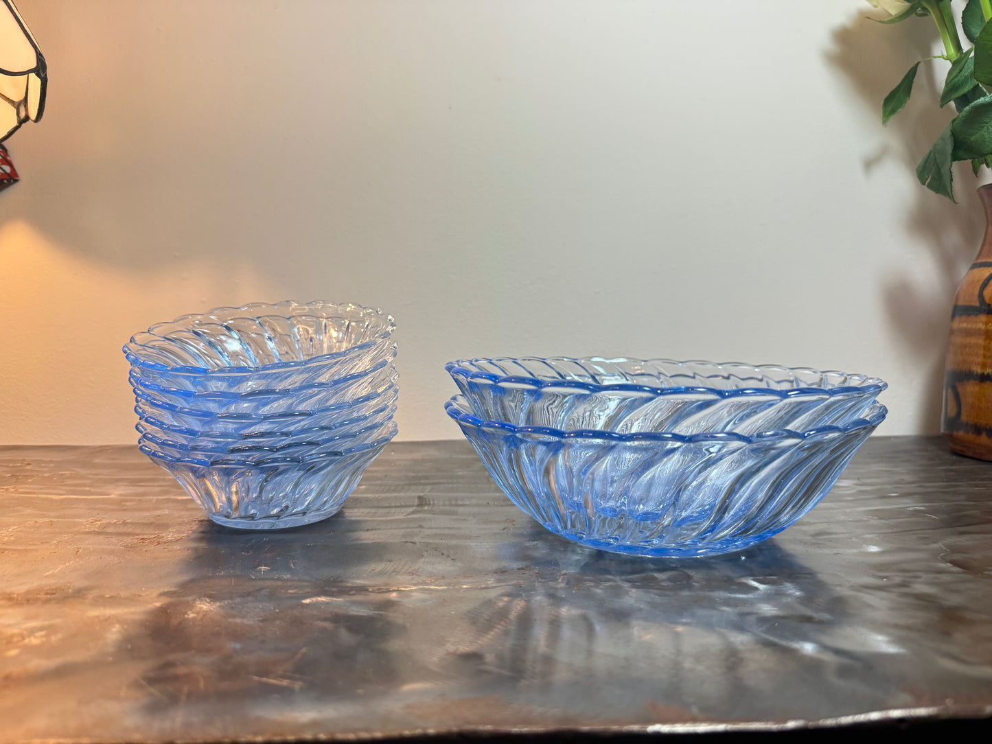 Glass Dessert Bowl Set. Bagley England. Vintage Depression Glass.