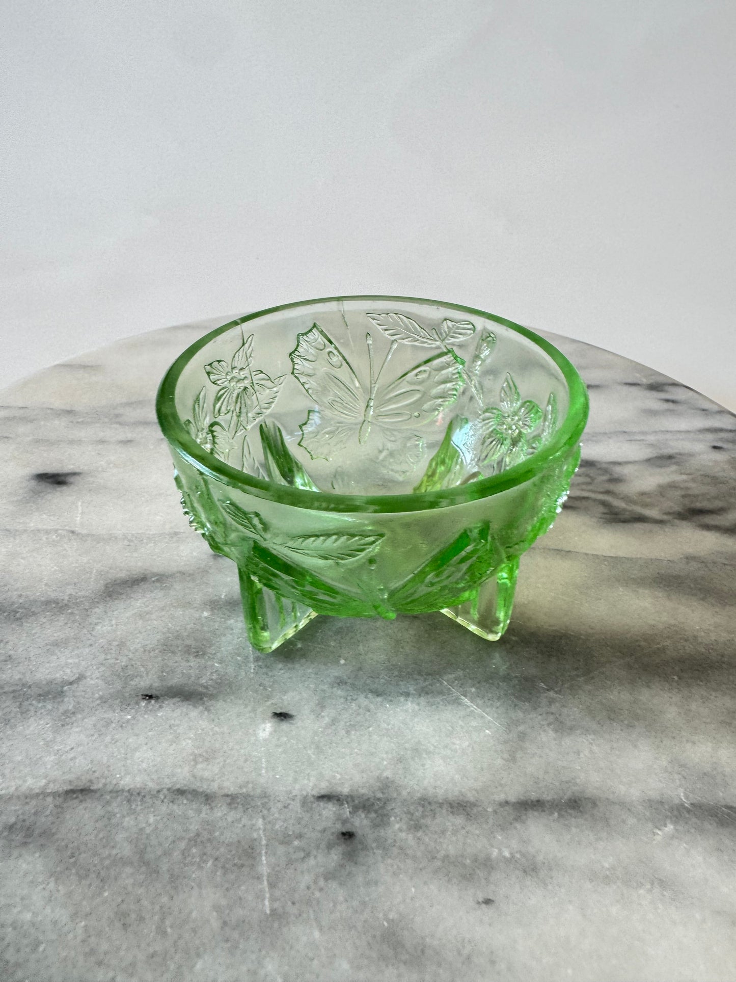 Sowerby 1930’s Green Pressed Glass Trinket Dish | Small Glass Bowl with Butterfly & Floral Design | Vintage Retro |