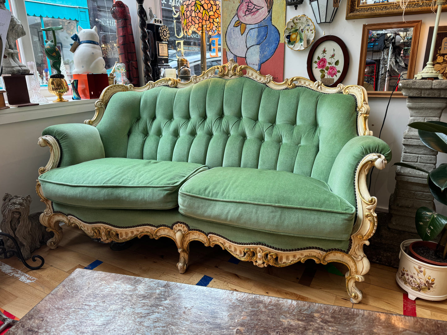 Stunning Louis Style Antique 3 Seater Sofa with Hand-carved Wooden Frame and Striking Green Button Back Upholstery (COLLECTION ONLY)