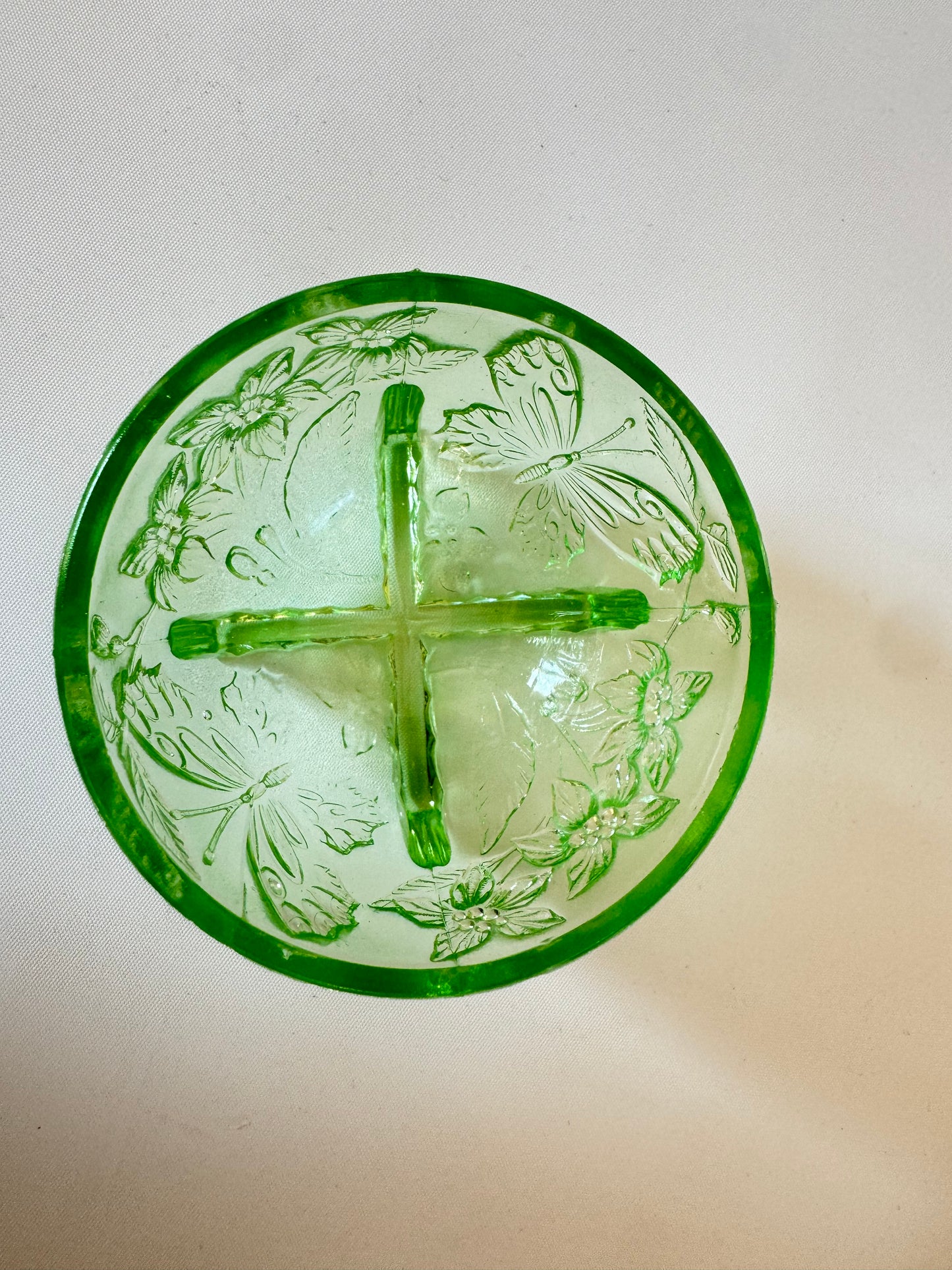 Sowerby 1930’s Green Pressed Glass Trinket Dish | Small Glass Bowl with Butterfly & Floral Design | Vintage Retro |
