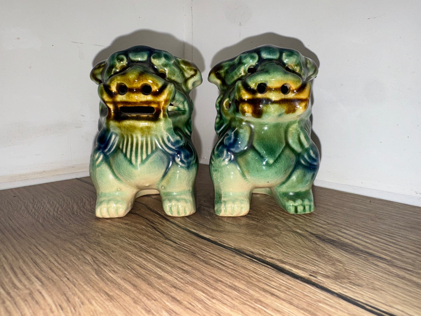 Pair of Small Foo Dogs | Green/Blue | Chinese Guardian Lions | Chinese Asian Decor | Vintage Antique |