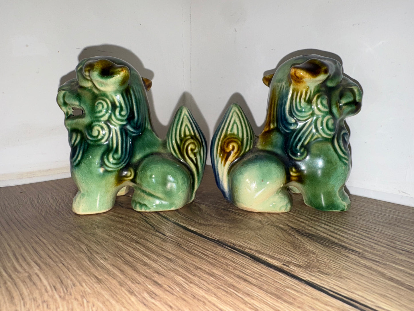 Pair of Small Foo Dogs | Green/Blue | Chinese Guardian Lions | Chinese Asian Decor | Vintage Antique |