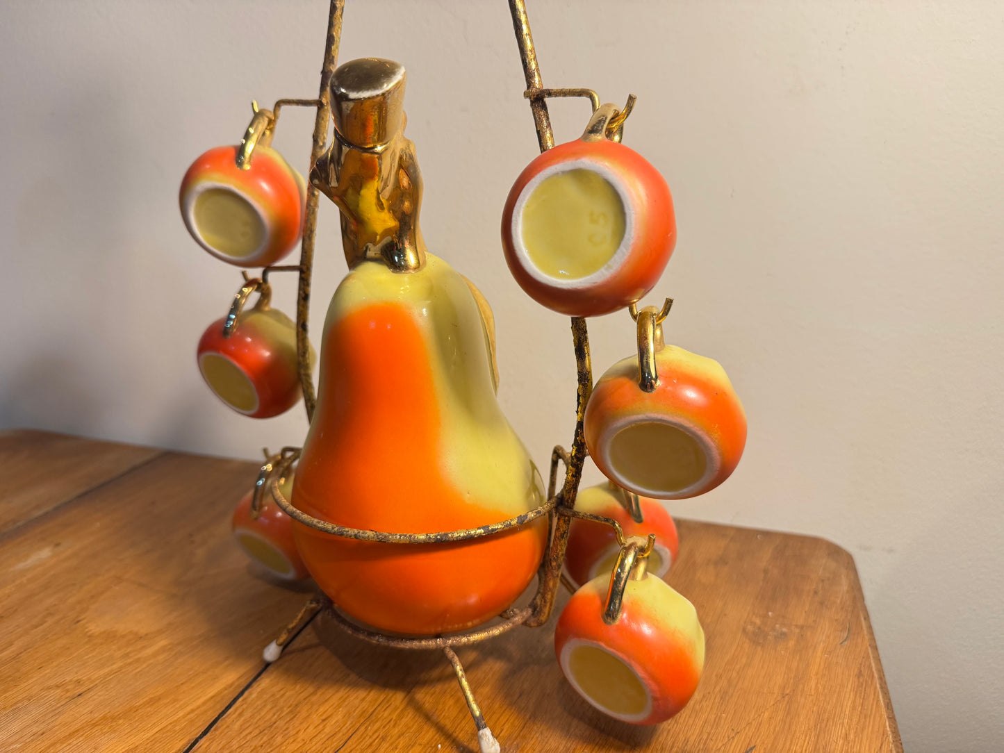 French Pear Liqueur Decanter Set with Stand & Cup Holder | Vintage Retro Quirky Barware |