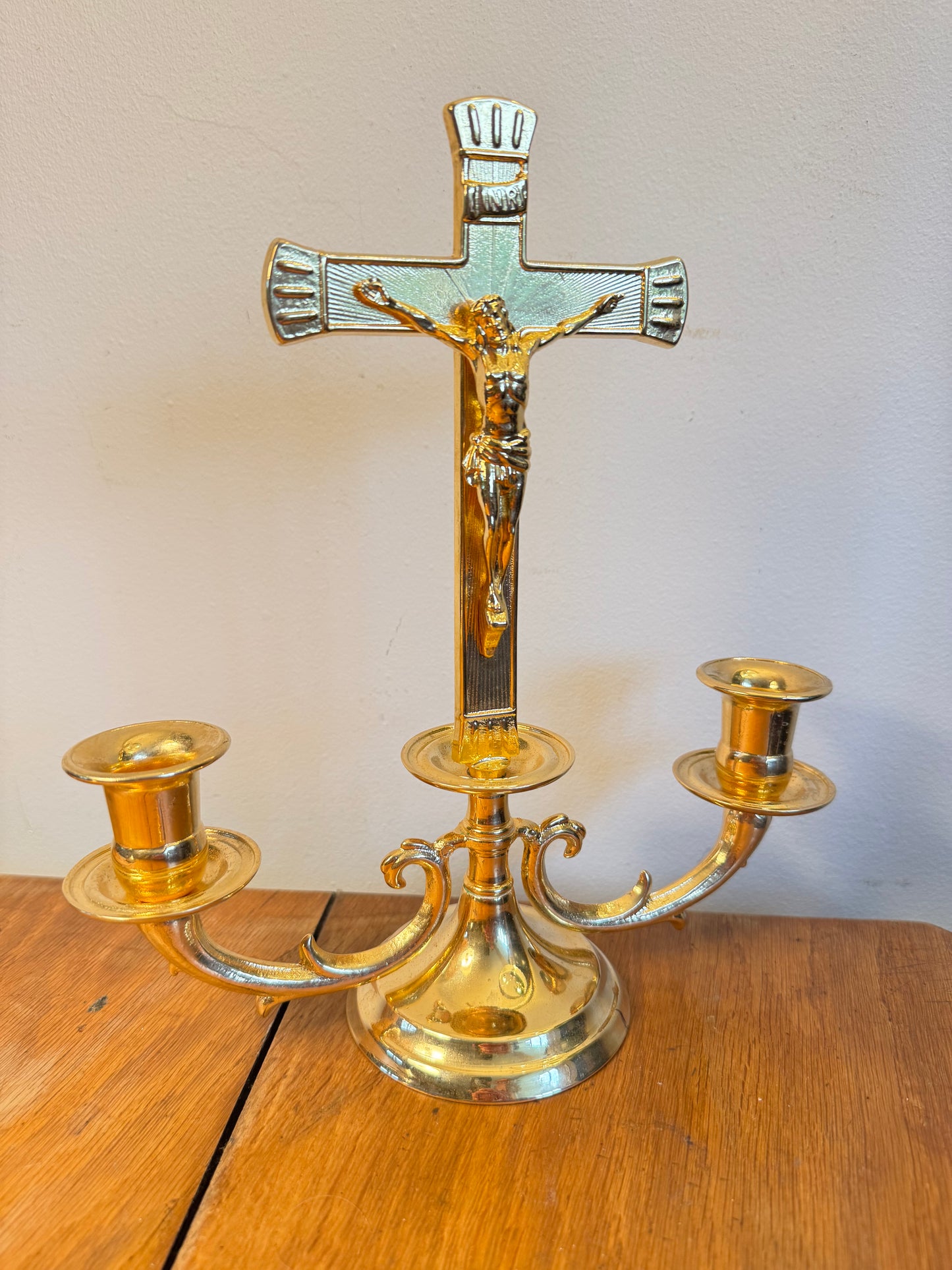 Gold Altar Candelabrum | Religious Crucifix Double Candelabra | Home Decor |