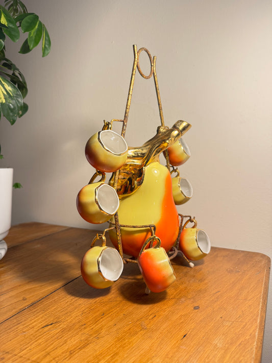 French Pear Liqueur Decanter Set with Stand & Cup Holder | Vintage Retro Quirky Barware |