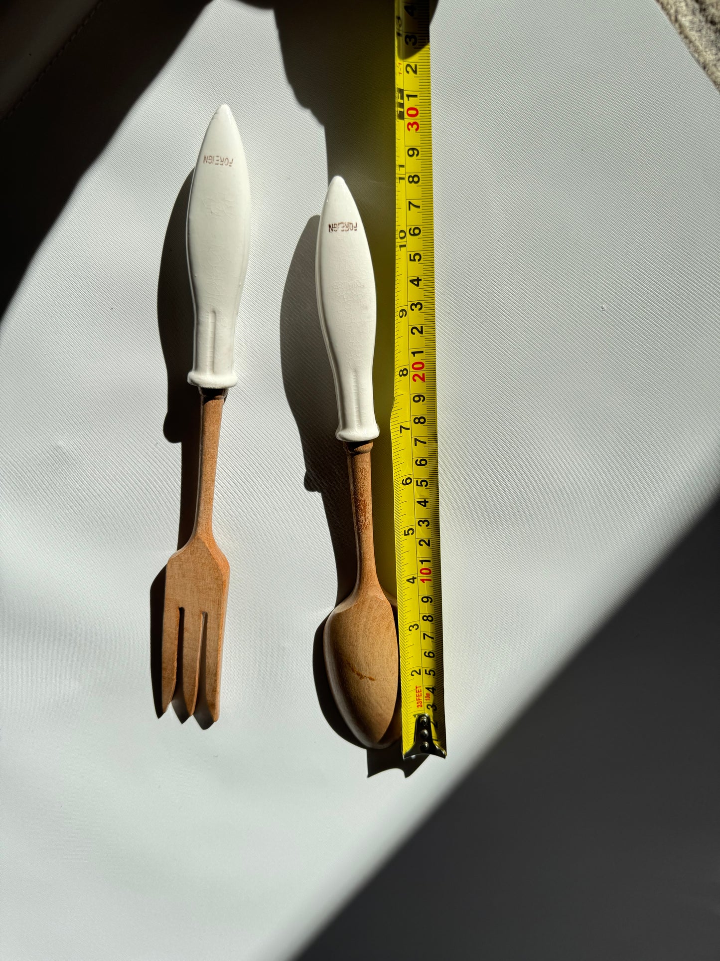 Wooden Salad Spoon & Fork with Ceramic Handles | Vintage Retro Kitchenalia | Serveware |