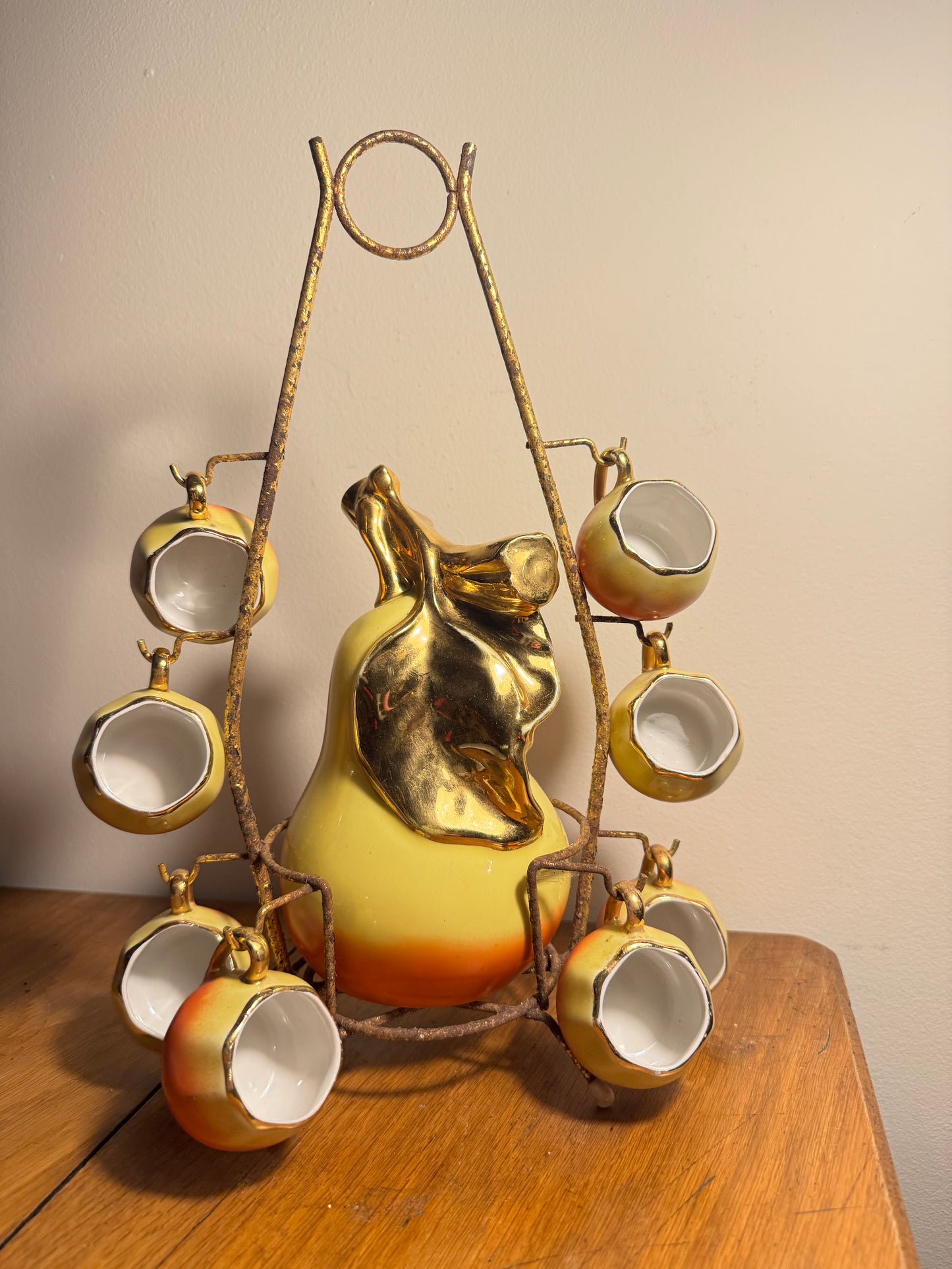 French Pear Liqueur Decanter Set with Stand & Cup Holder | Vintage Retro Quirky Barware |