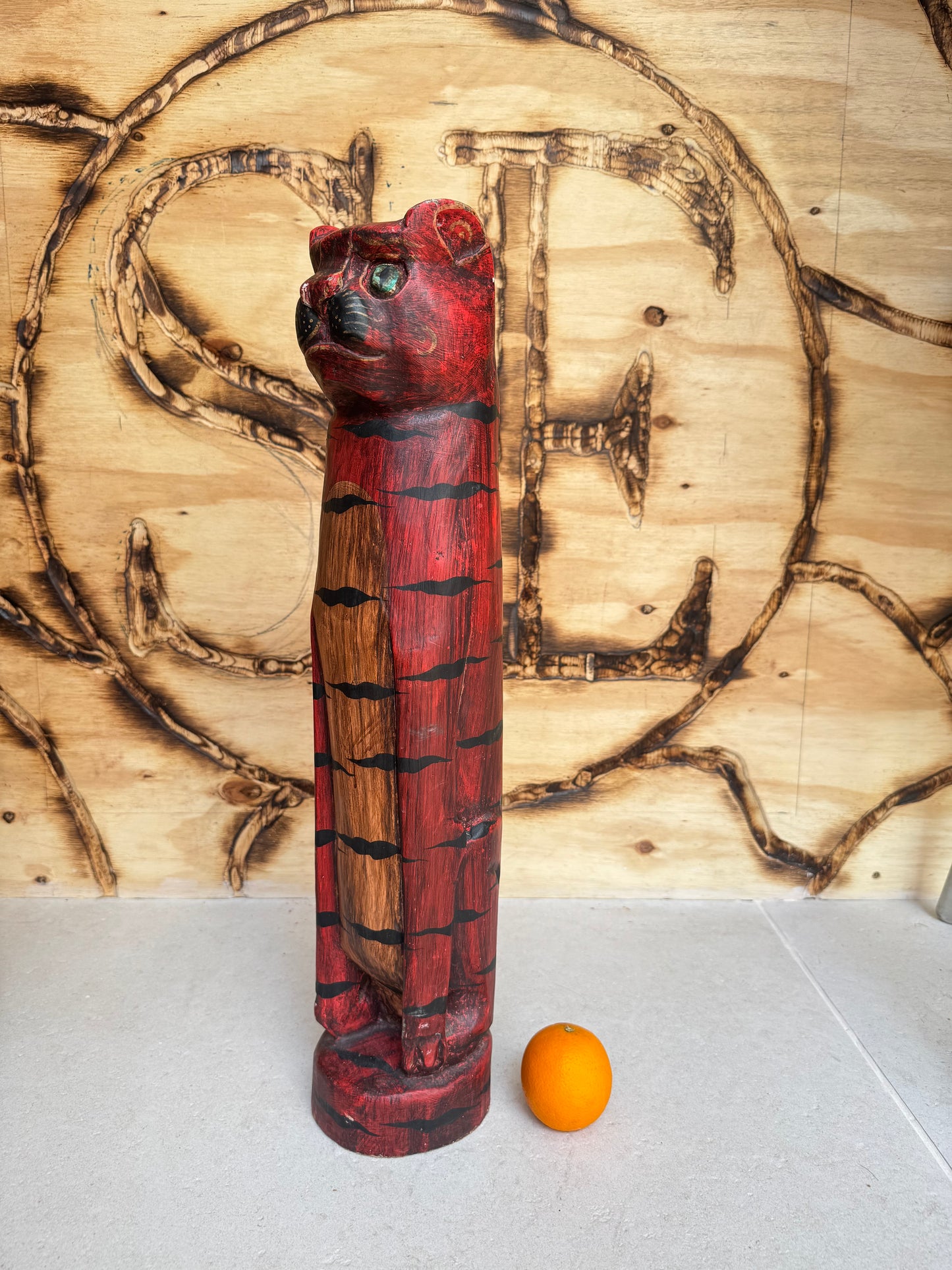 Large Wooden Hand Carved Cat | Folk Art |Vintage Retro | Decor | Quirky Unique |