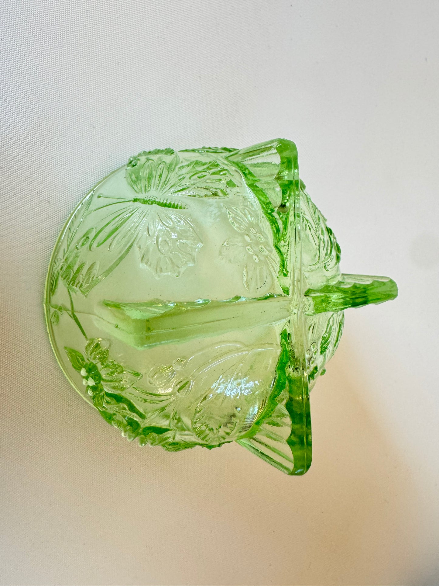 Sowerby 1930’s Green Pressed Glass Trinket Dish | Small Glass Bowl with Butterfly & Floral Design | Vintage Retro |