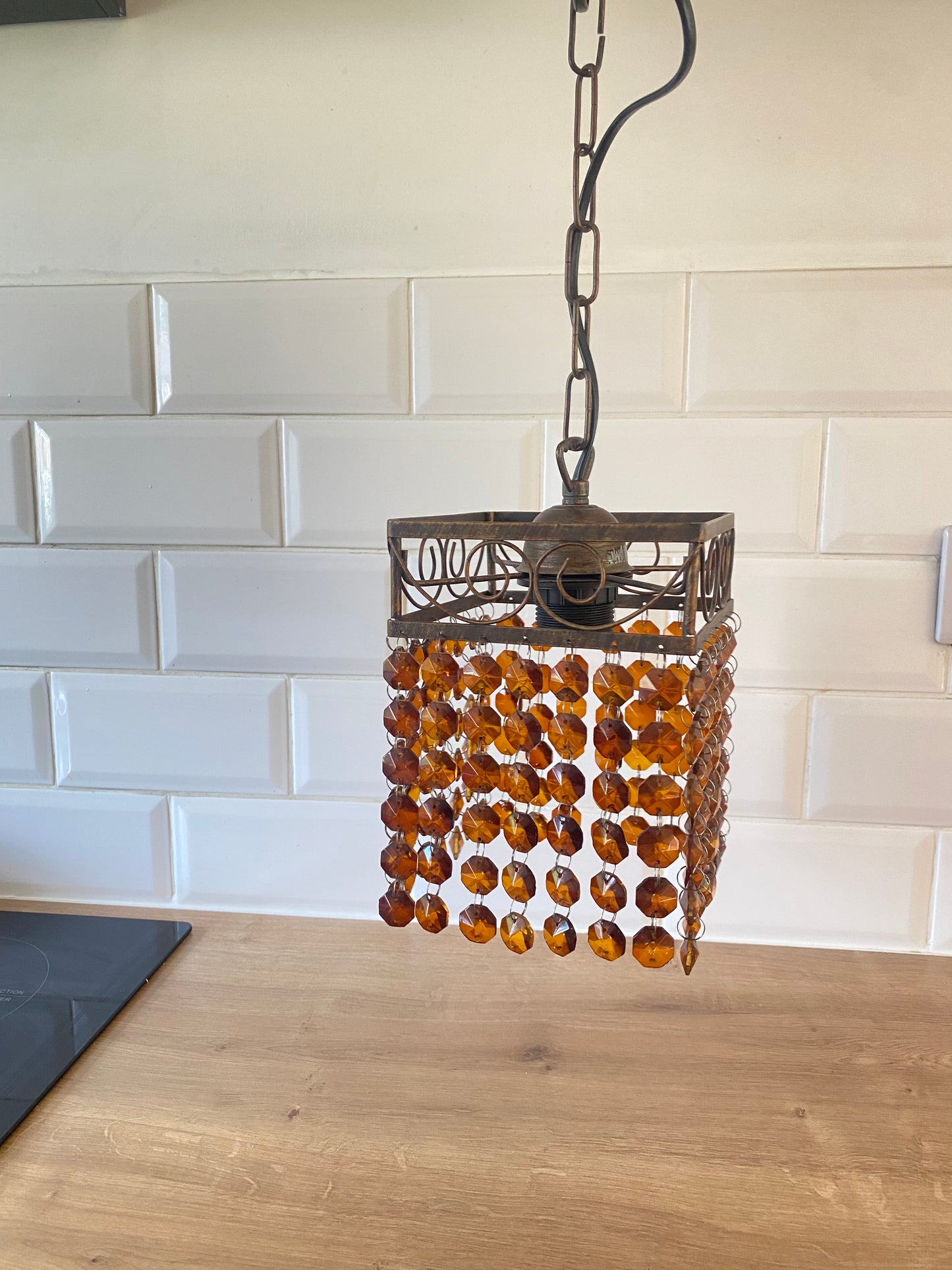 Vintage French Beaded Ceiling Light Lampshade Amber/Brown Glass Bead