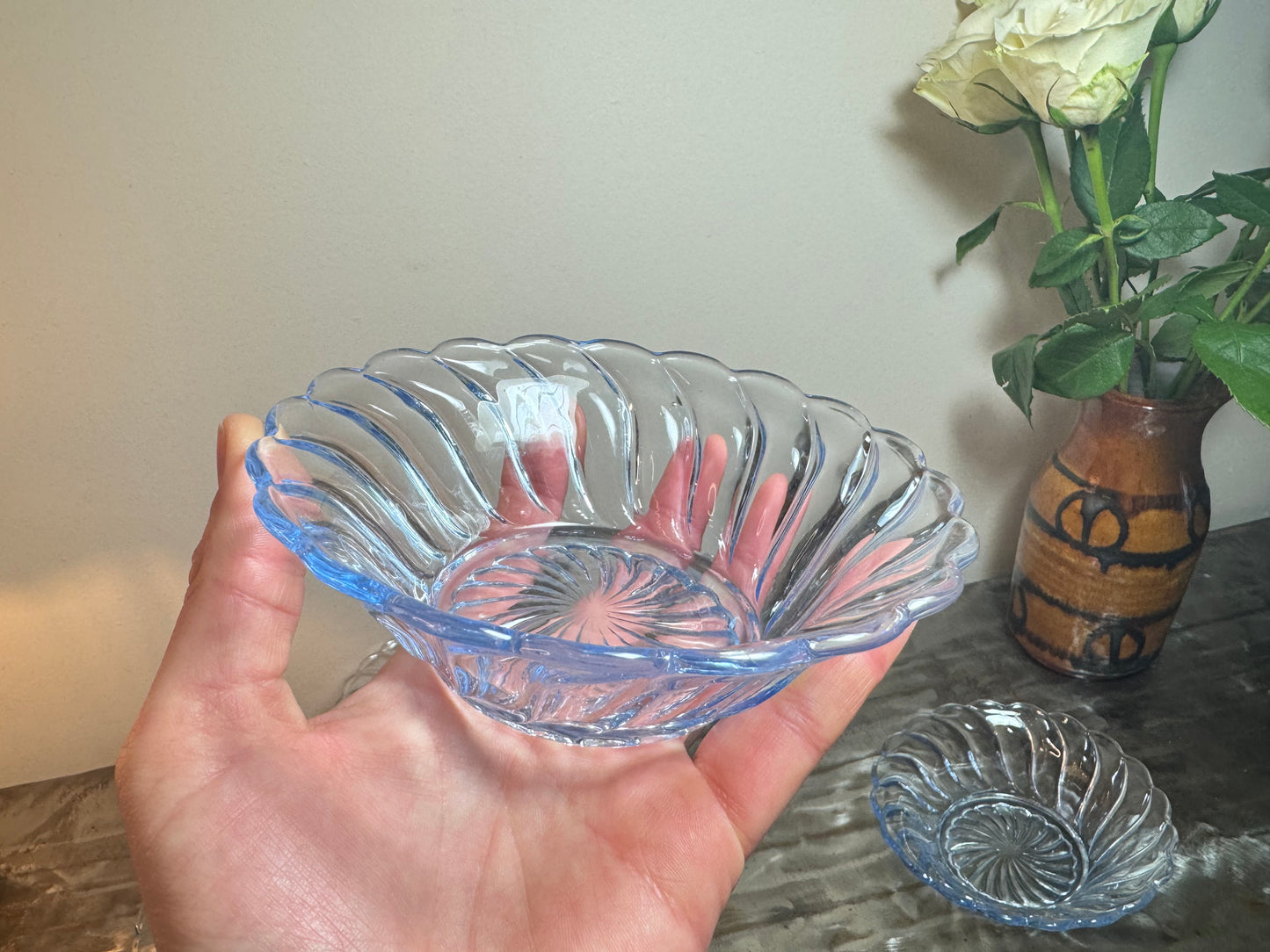 Glass Dessert Bowl Set. Bagley England. Vintage Depression Glass.