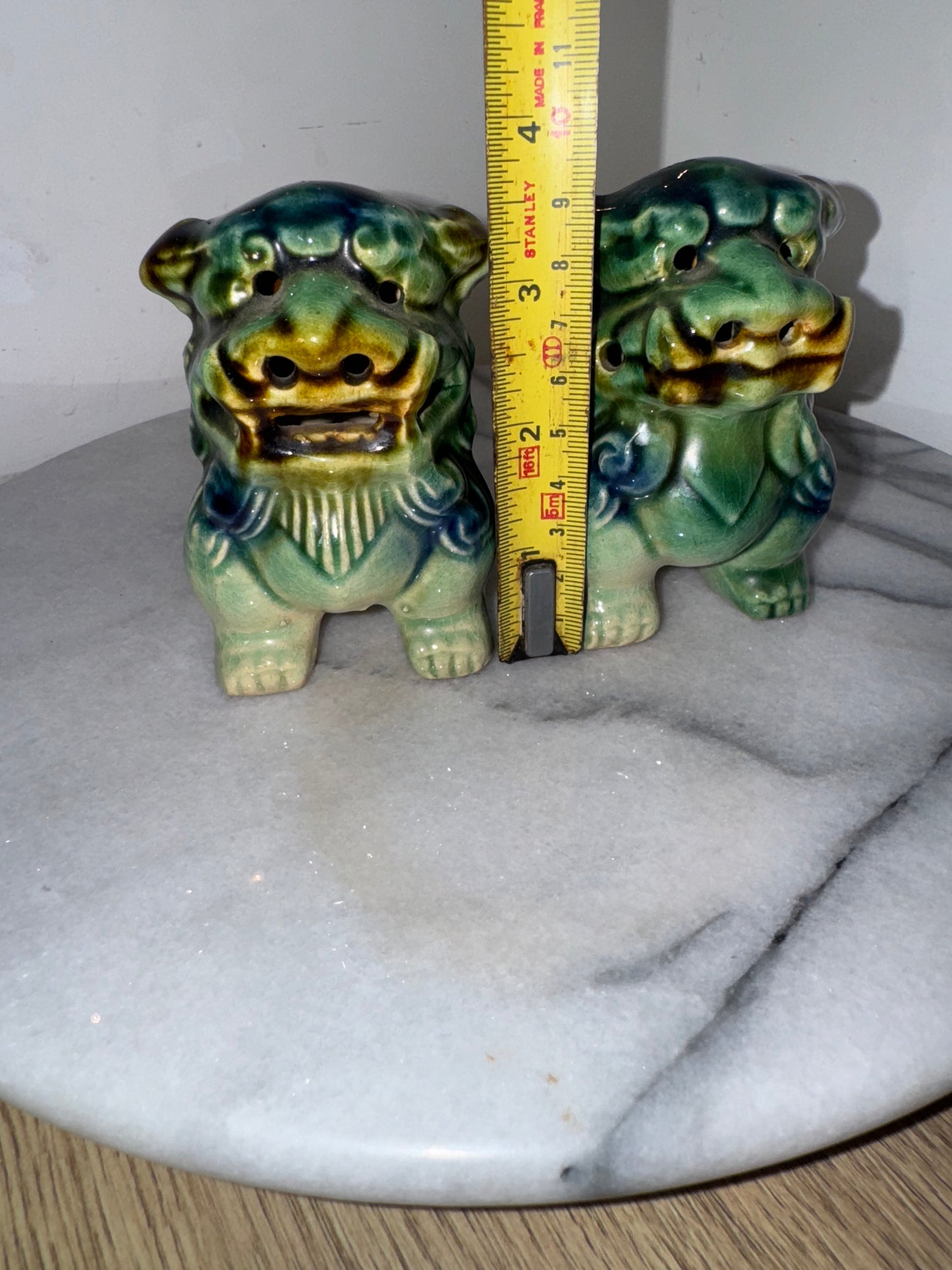 Pair of Small Foo Dogs | Green/Blue | Chinese Guardian Lions | Chinese Asian Decor | Vintage Antique |