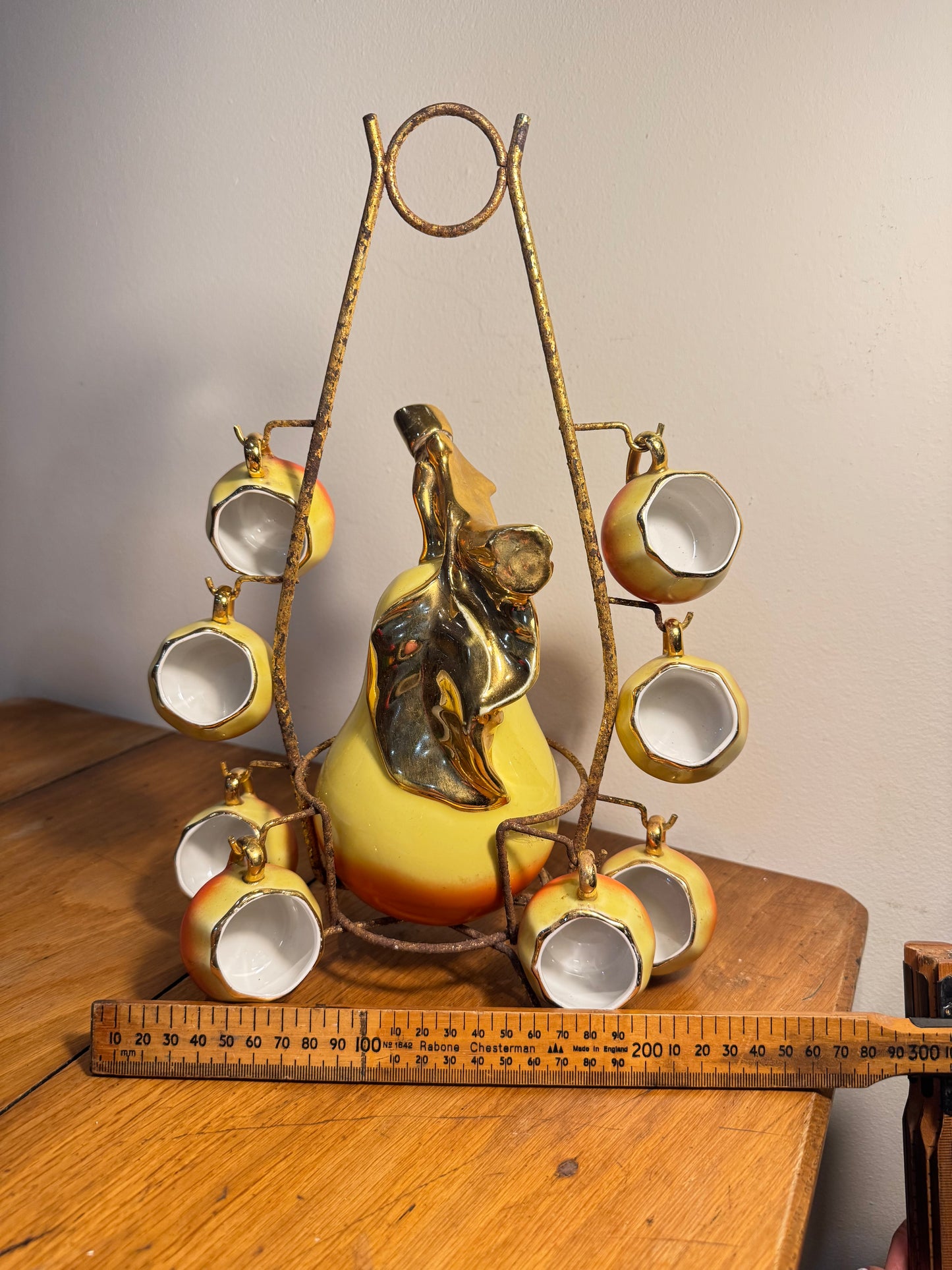 French Pear Liqueur Decanter Set with Stand & Cup Holder | Vintage Retro Quirky Barware |