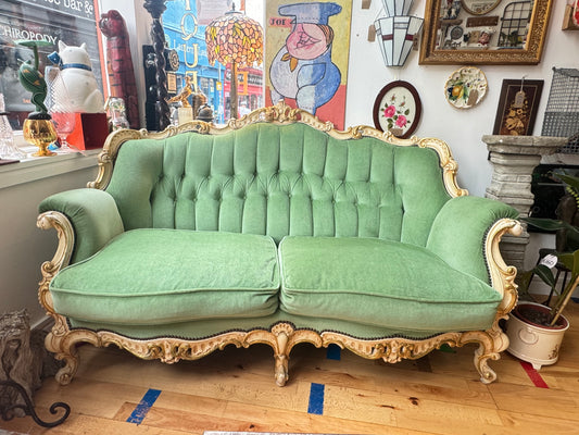 Stunning Louis Style Antique 3 Seater Sofa with Hand-carved Wooden Frame and Striking Green Button Back Upholstery (COLLECTION ONLY)