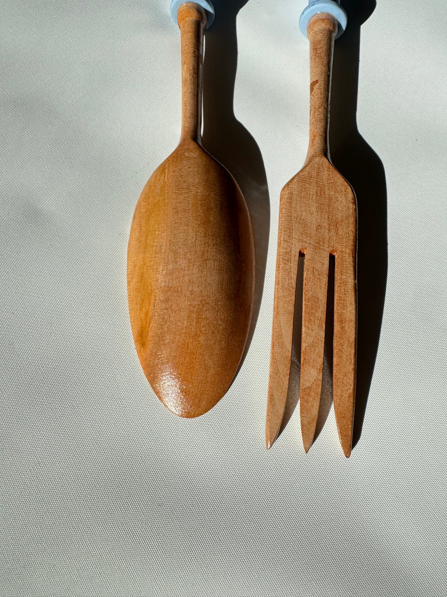 Wooden Salad Spoon & Fork with Ceramic Handles | Vintage Retro Kitchenalia | Serveware |
