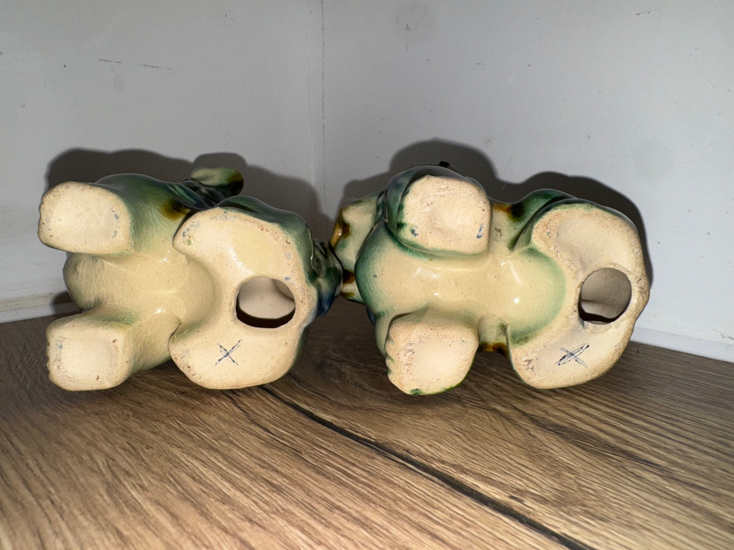 Pair of Small Foo Dogs | Green/Blue | Chinese Guardian Lions | Chinese Asian Decor | Vintage Antique |