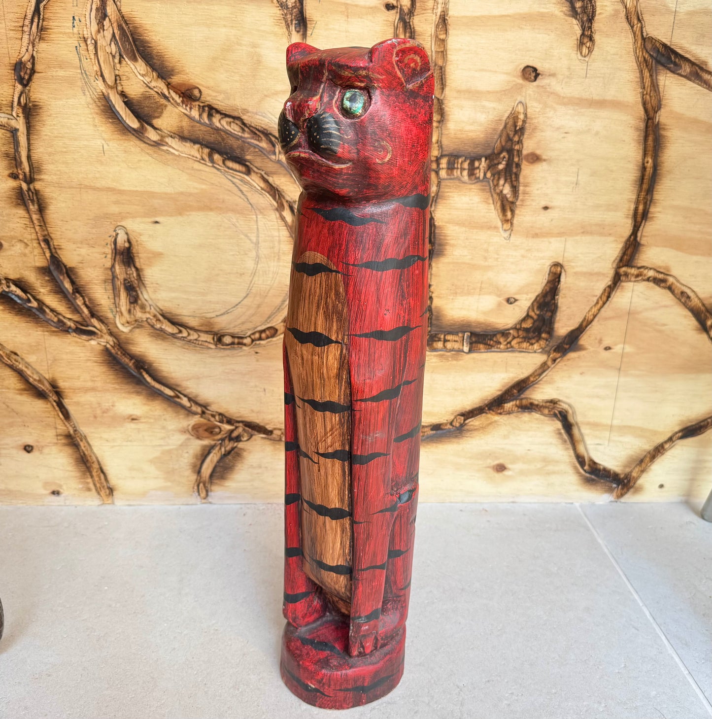 Large Wooden Hand Carved Cat | Folk Art |Vintage Retro | Decor | Quirky Unique |
