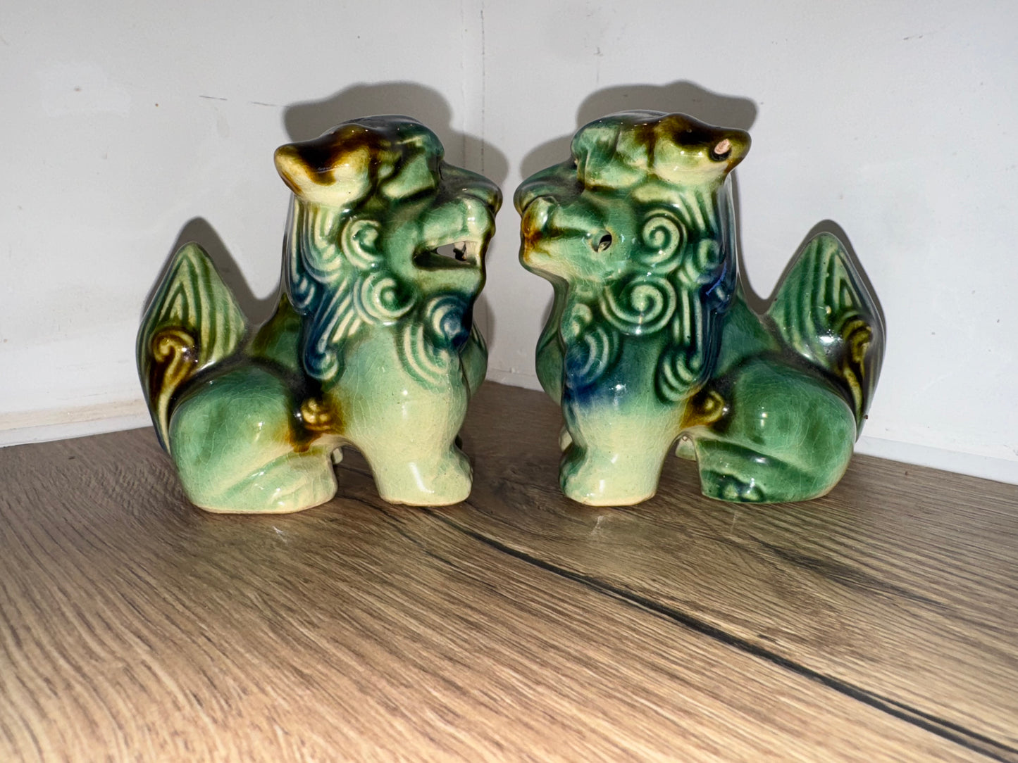 Pair of Small Foo Dogs | Green/Blue | Chinese Guardian Lions | Chinese Asian Decor | Vintage Antique |