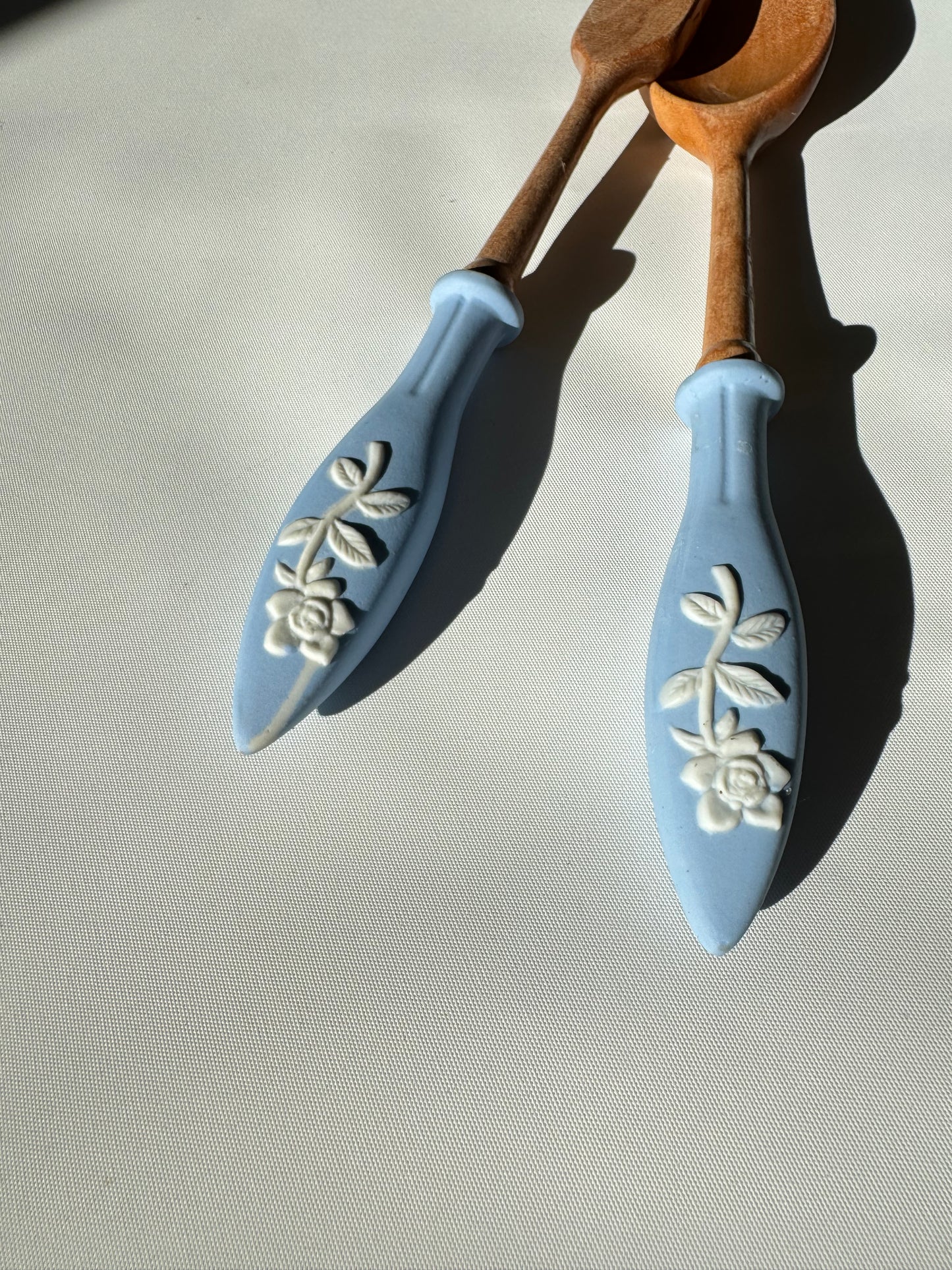 Wooden Salad Spoon & Fork with Ceramic Handles | Vintage Retro Kitchenalia | Serveware |