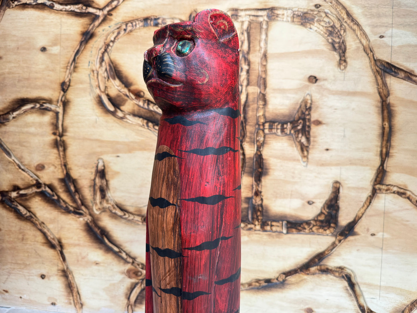Large Wooden Hand Carved Cat | Folk Art |Vintage Retro | Decor | Quirky Unique |