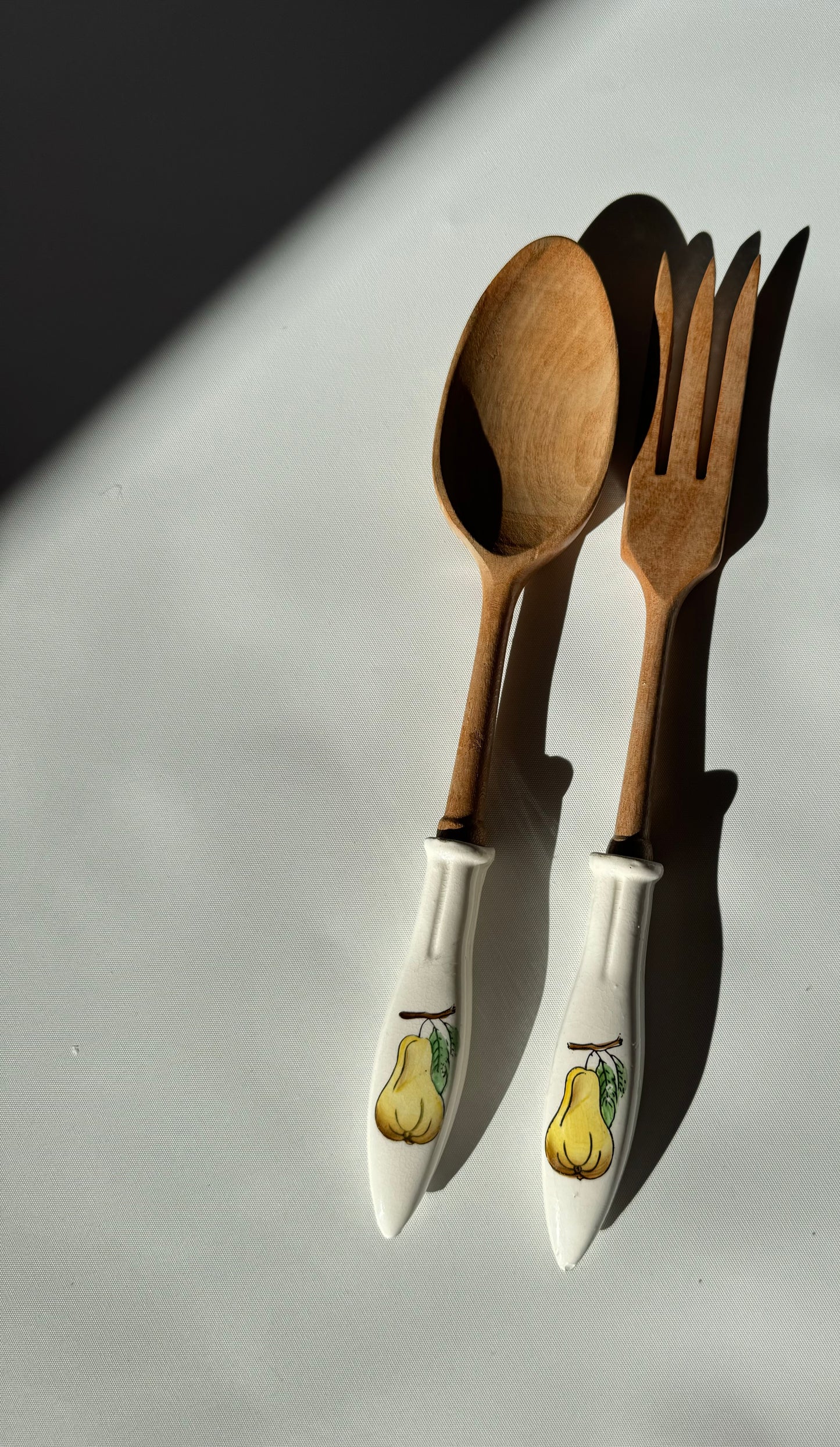Wooden Salad Spoon & Fork with Ceramic Handles | Vintage Retro Kitchenalia | Serveware |
