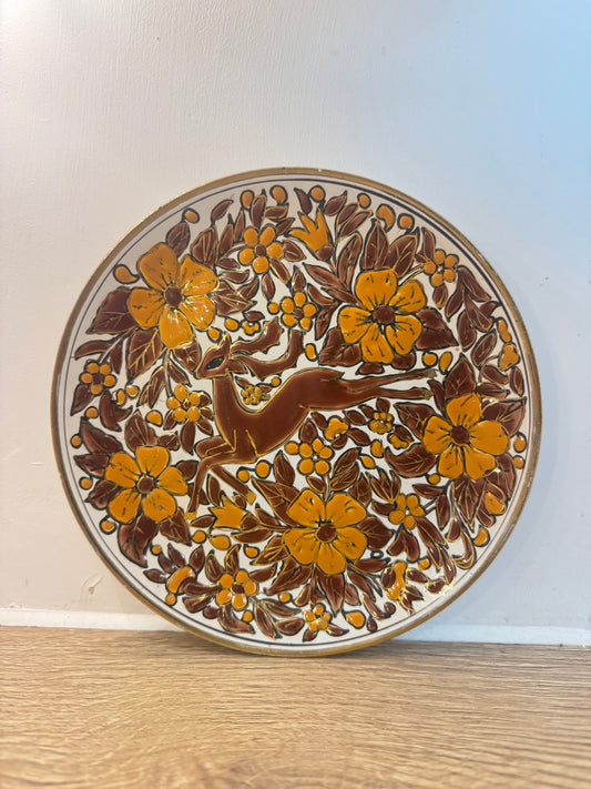 Ceramic Decorative Plate with Gold Detail | Stag and Floral Design | Vintage Retro | Made in Greece |