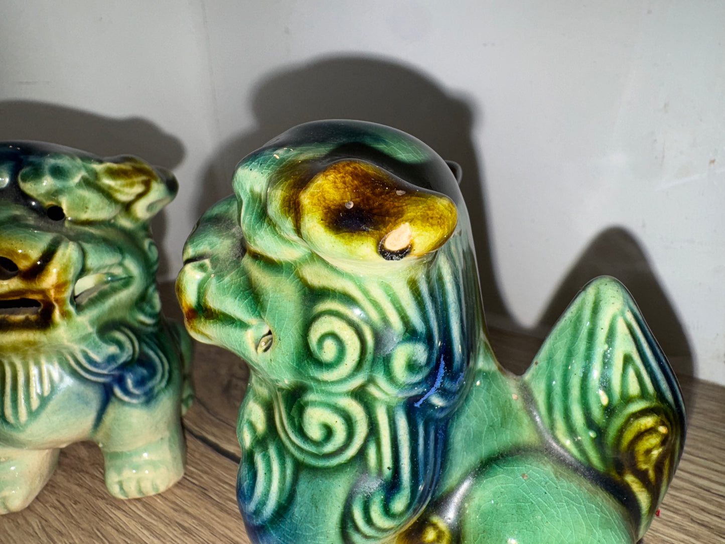 Pair of Small Foo Dogs | Green/Blue | Chinese Guardian Lions | Chinese Asian Decor | Vintage Antique |