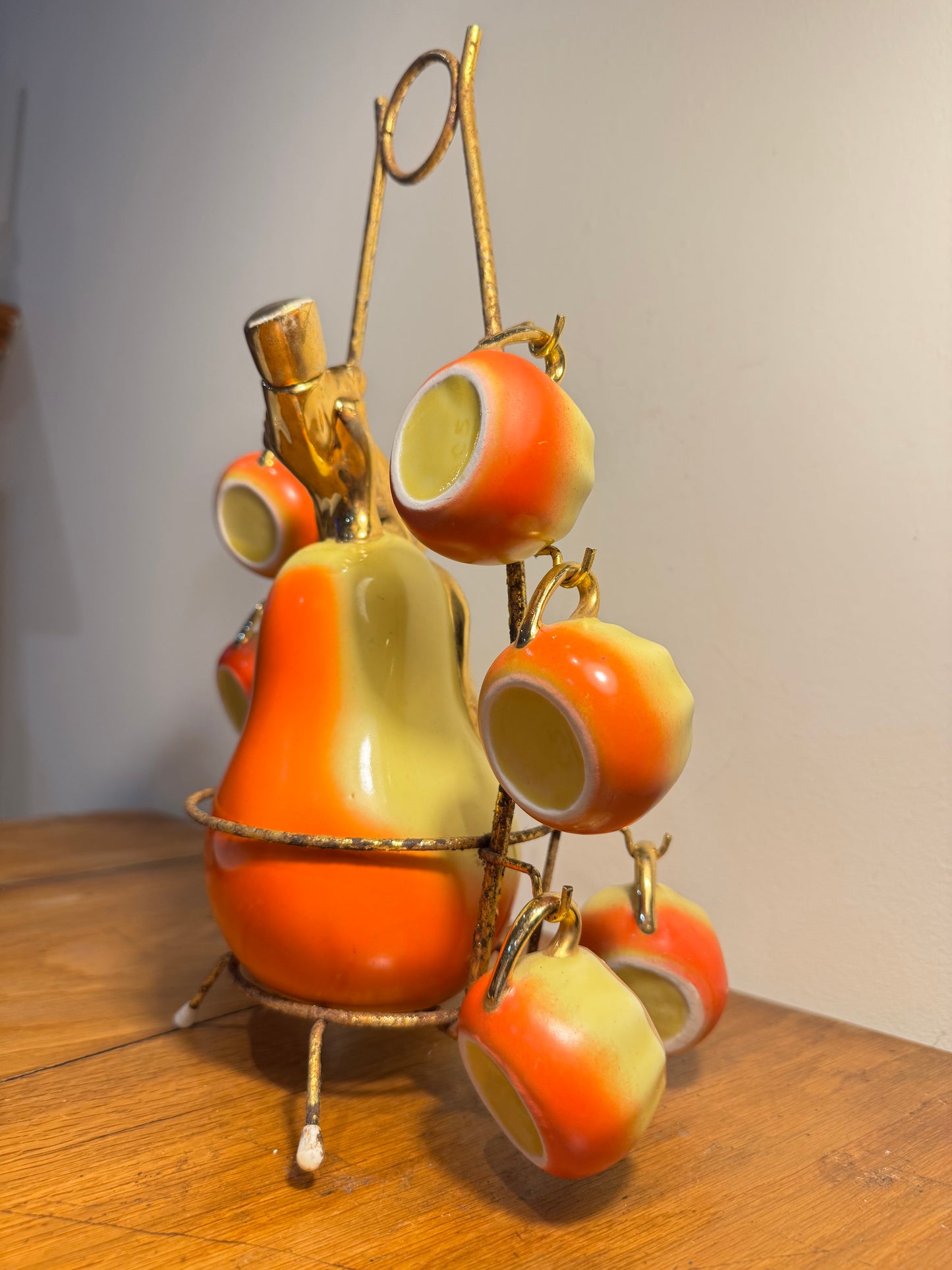 French Pear Liqueur Decanter Set with Stand & Cup Holder | Vintage Retro Quirky Barware |