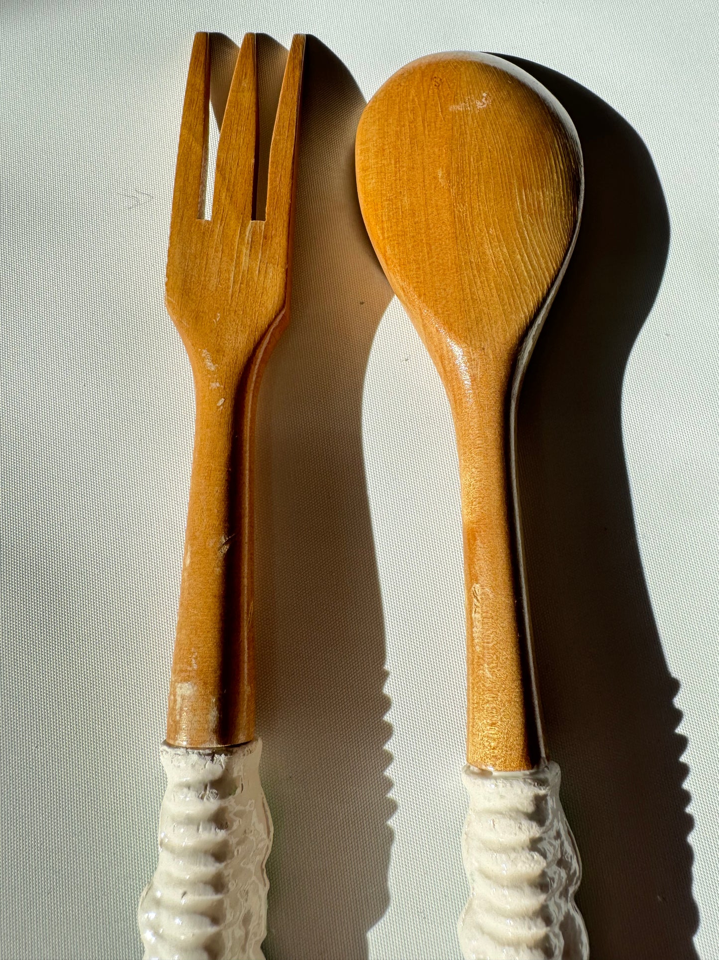 Wooden Salad Spoon & Fork with Ceramic Handles | Vintage Retro Kitchenalia | Serveware |