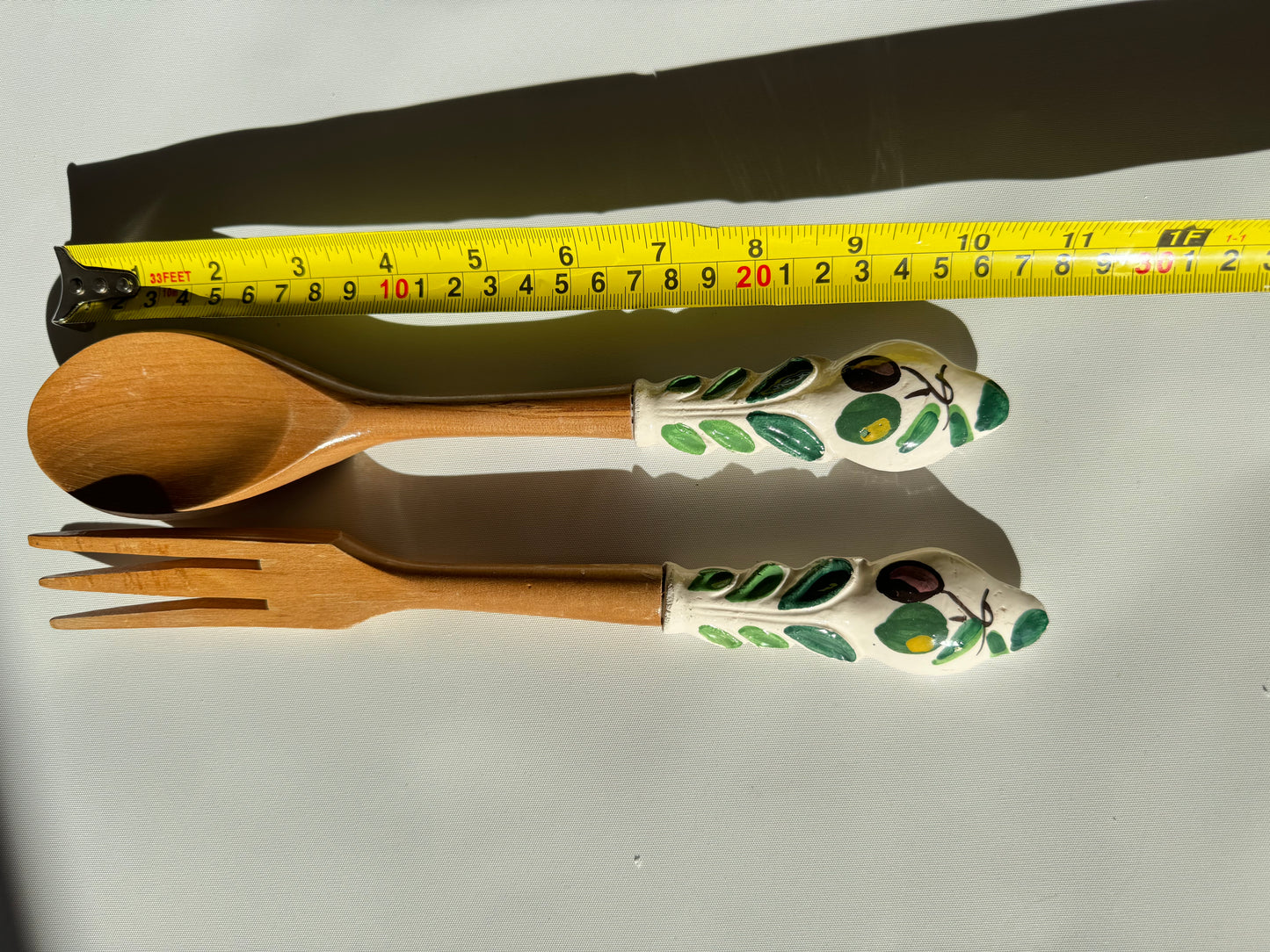 Wooden Salad Spoon & Fork with Ceramic Handles | Vintage Retro Kitchenalia | Serveware |
