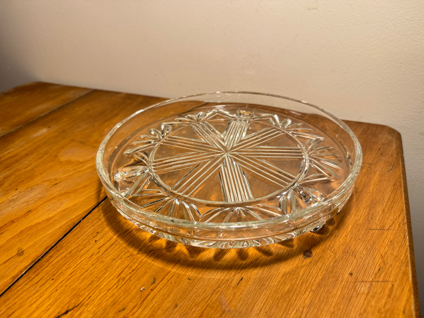 Cut Glass Footed Tray Plate | Candle Tray | Geometric Pattern | Dressing Table | Retro Unique | Decorative Plate |