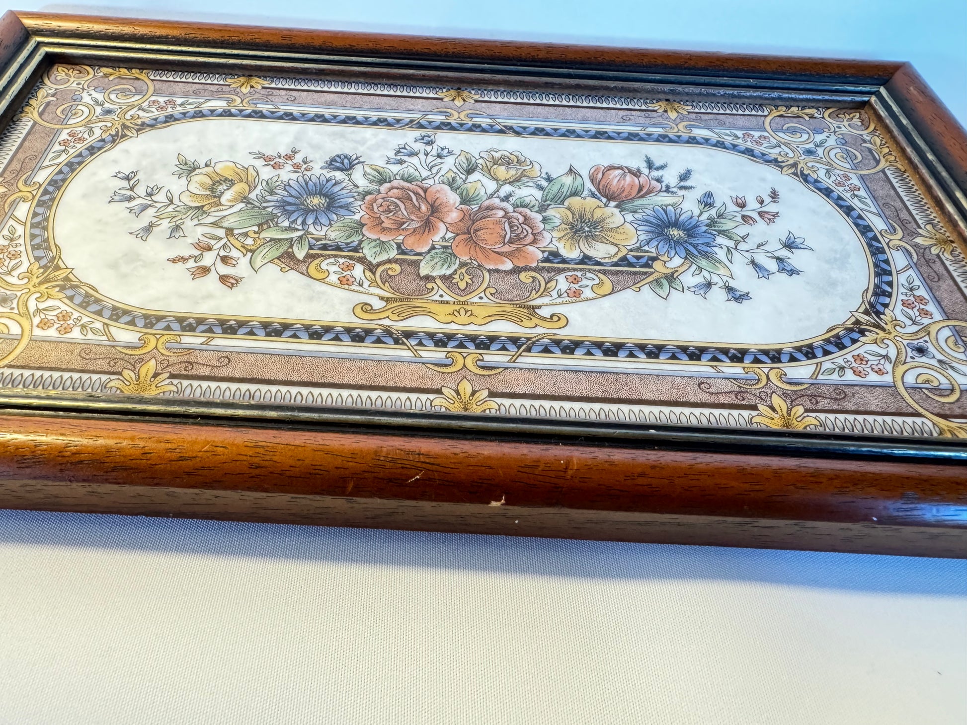 Victorian Style Tile & Wood Tray with Floral Design | Afternoon Victorian Style Tile & Wood Tray with Floral Design | Afternoon