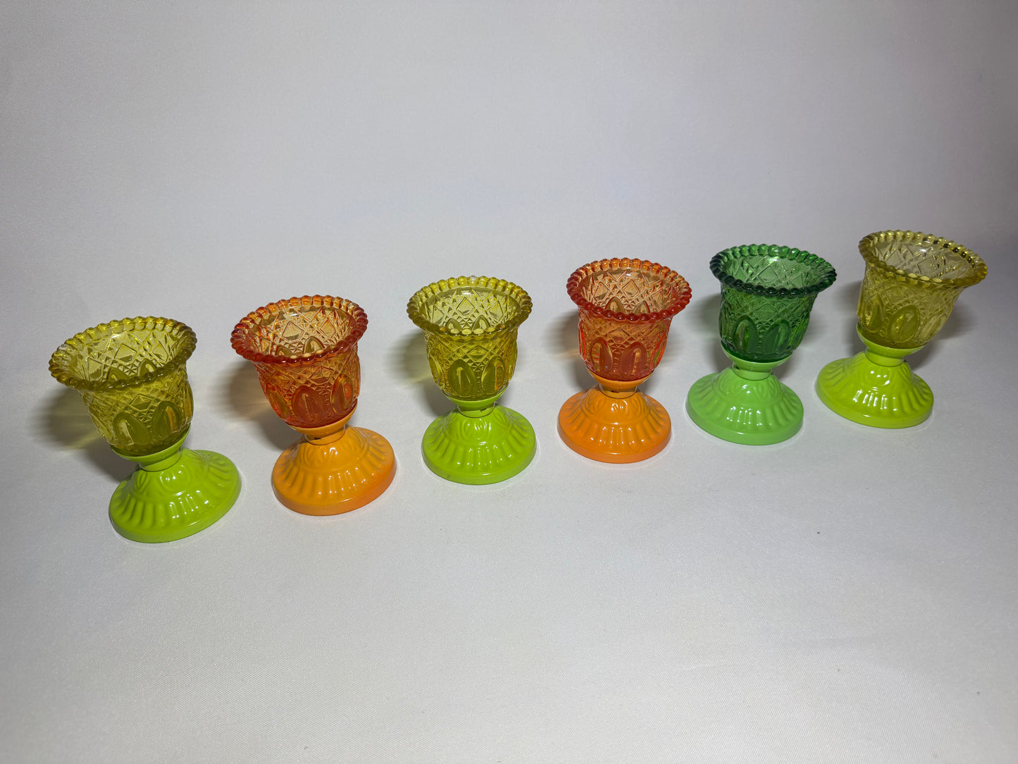 Set of 6 Coloured Pressed Glasses with Metal Base | Tealight Candle Holders |