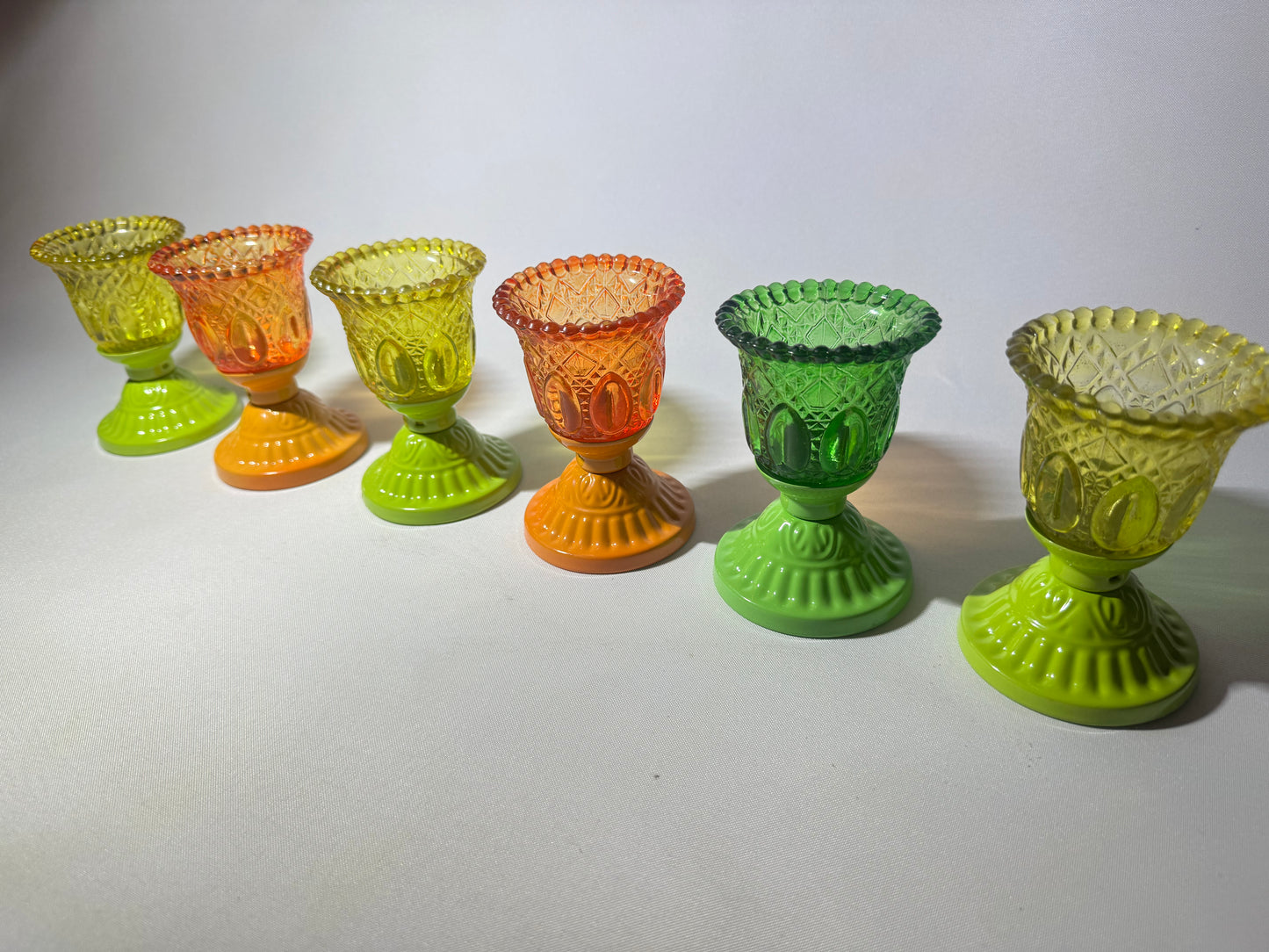 Set of 6 Coloured Pressed Glasses with Metal Base | Tealight Candle Holders |