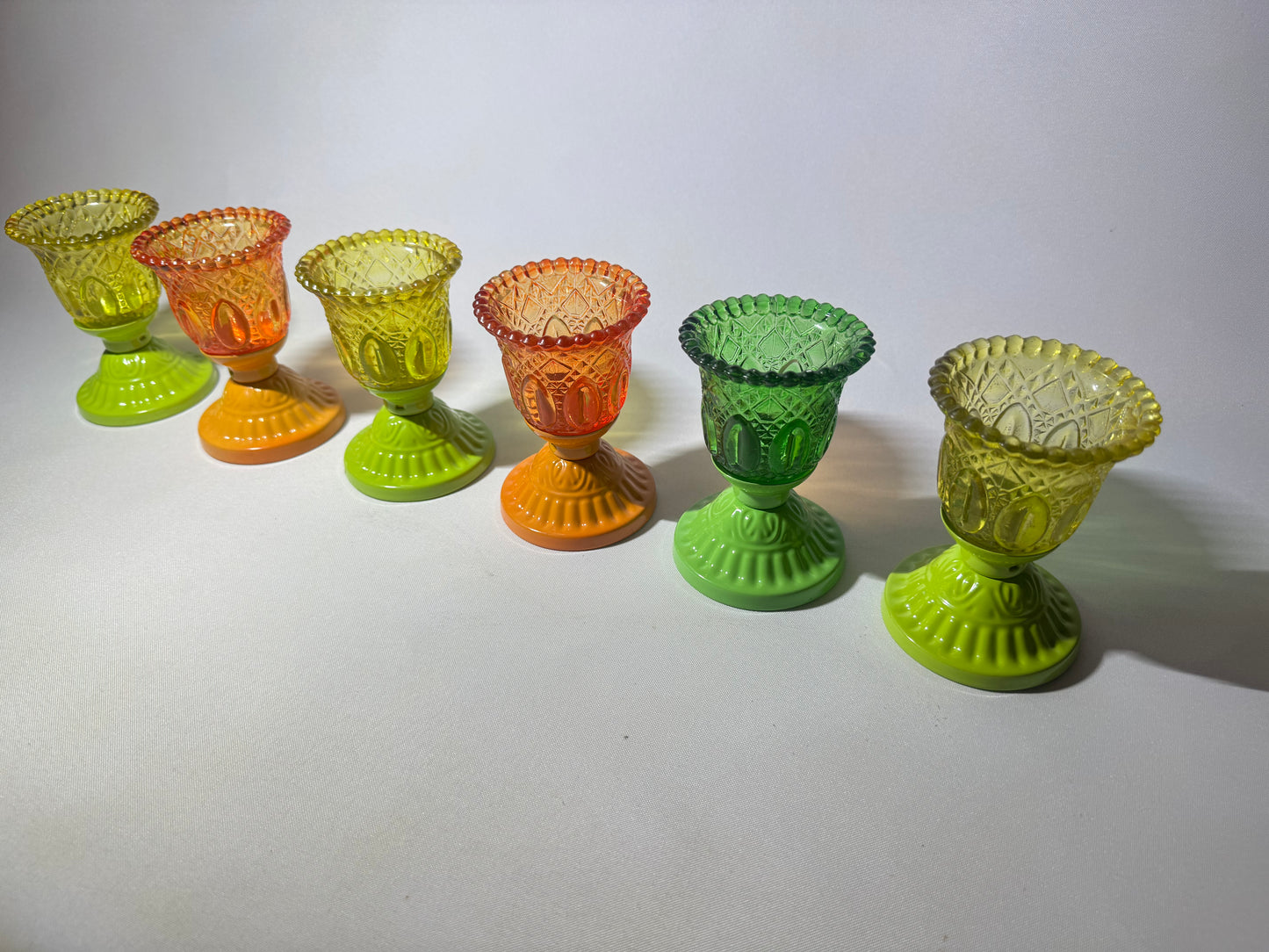 Set of 6 Coloured Pressed Glasses with Metal Base | Tealight Candle Holders |
