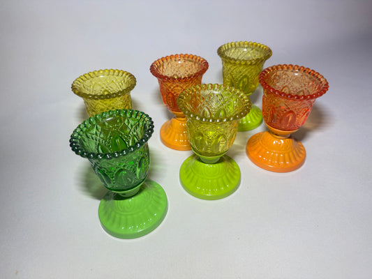 Set of 6 Coloured Pressed Glasses with Metal Base | Tealight Candle Holders |