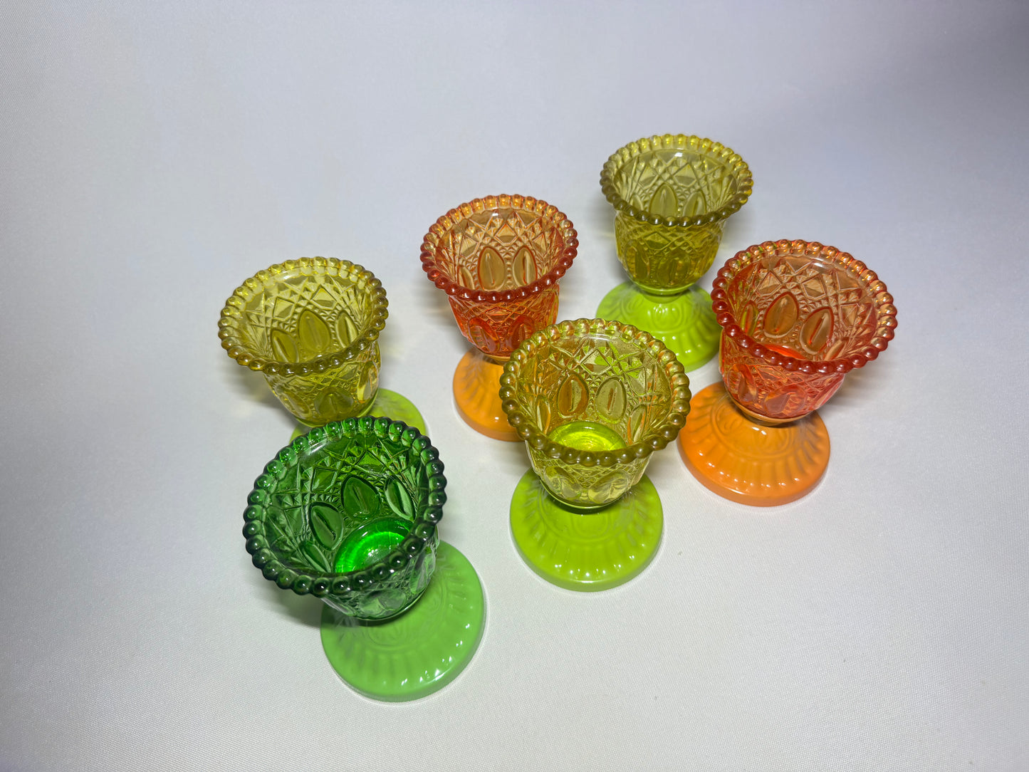 Set of 6 Coloured Pressed Glasses with Metal Base | Tealight Candle Holders |