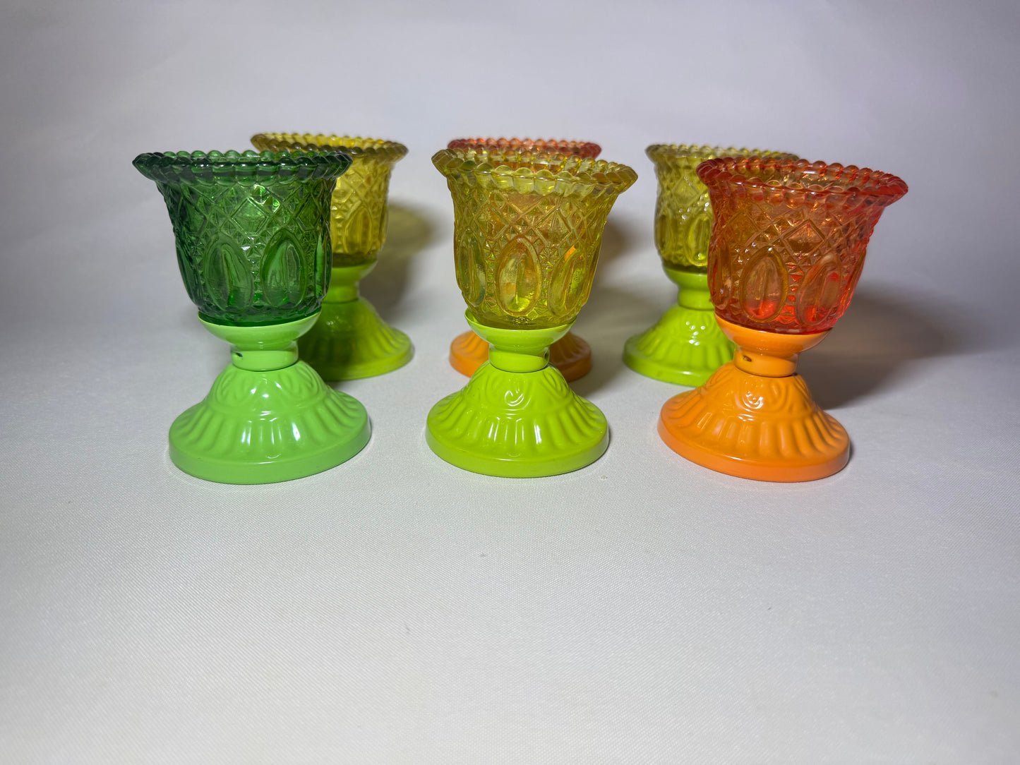 Set of 6 Coloured Pressed Glasses with Metal Base | Tealight Candle Holders |