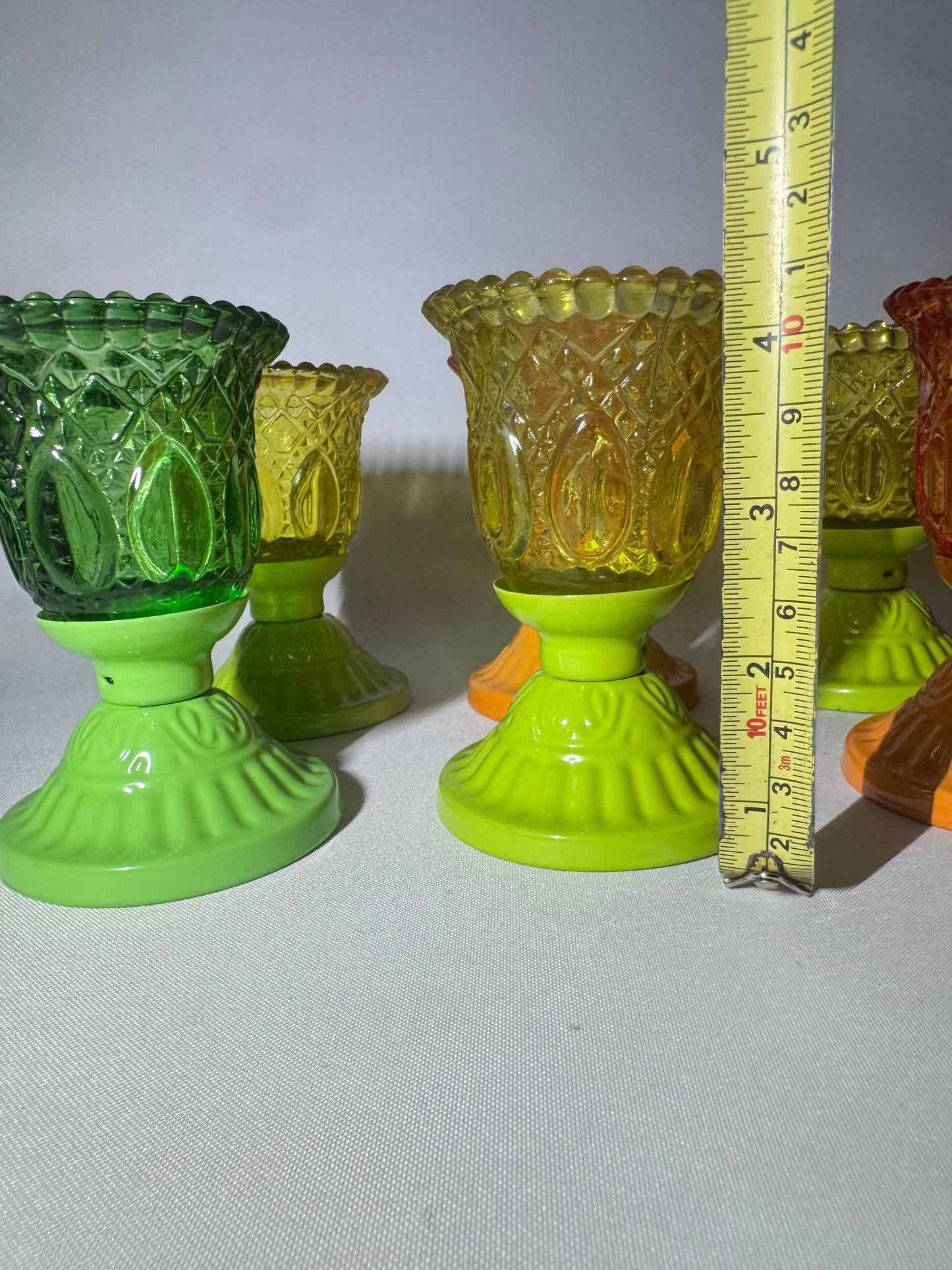 Set of 6 Coloured Pressed Glasses with Metal Base | Tealight Candle Holders |