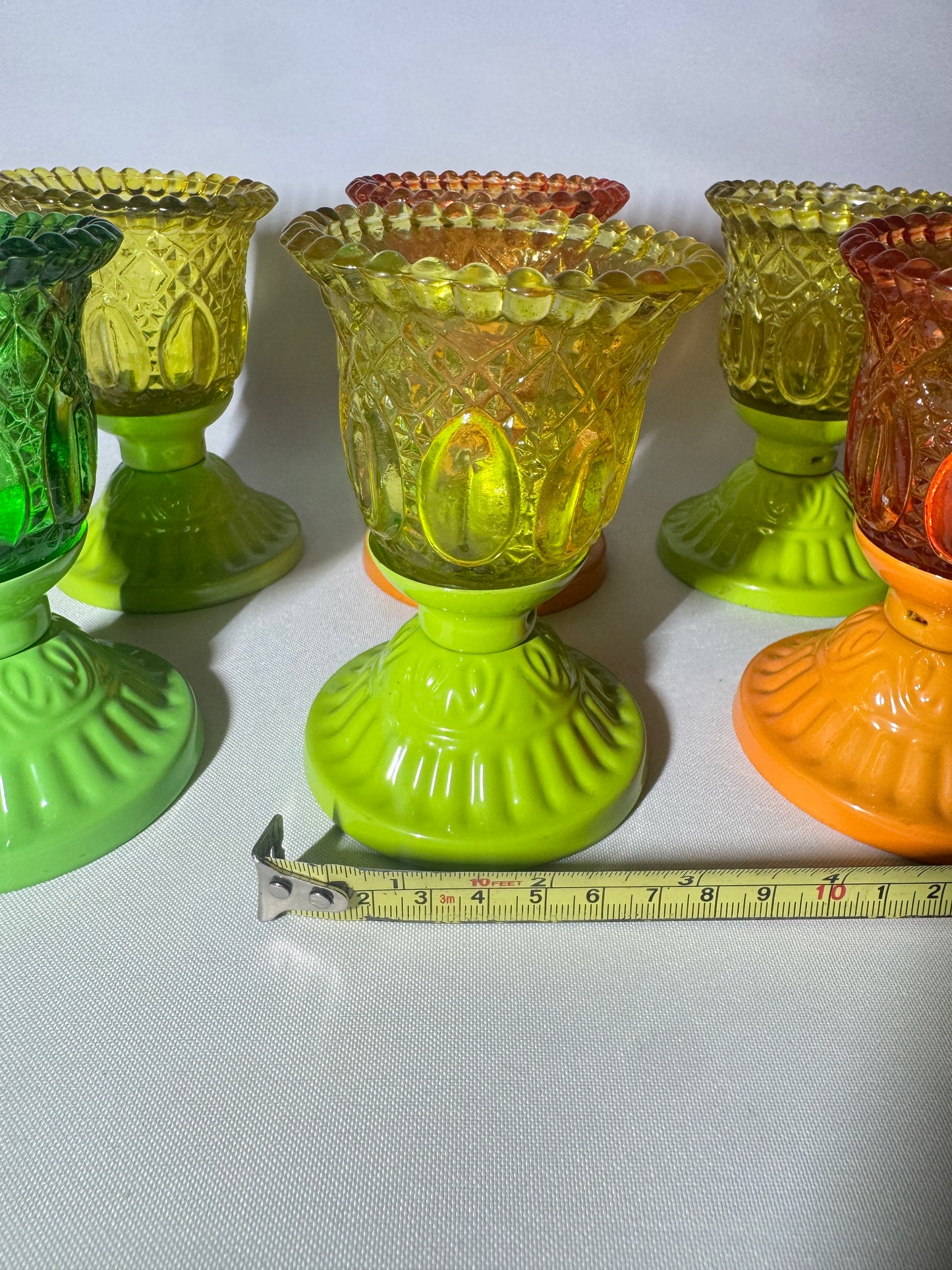 Set of 6 Coloured Pressed Glasses with Metal Base | Tealight Candle Holders |